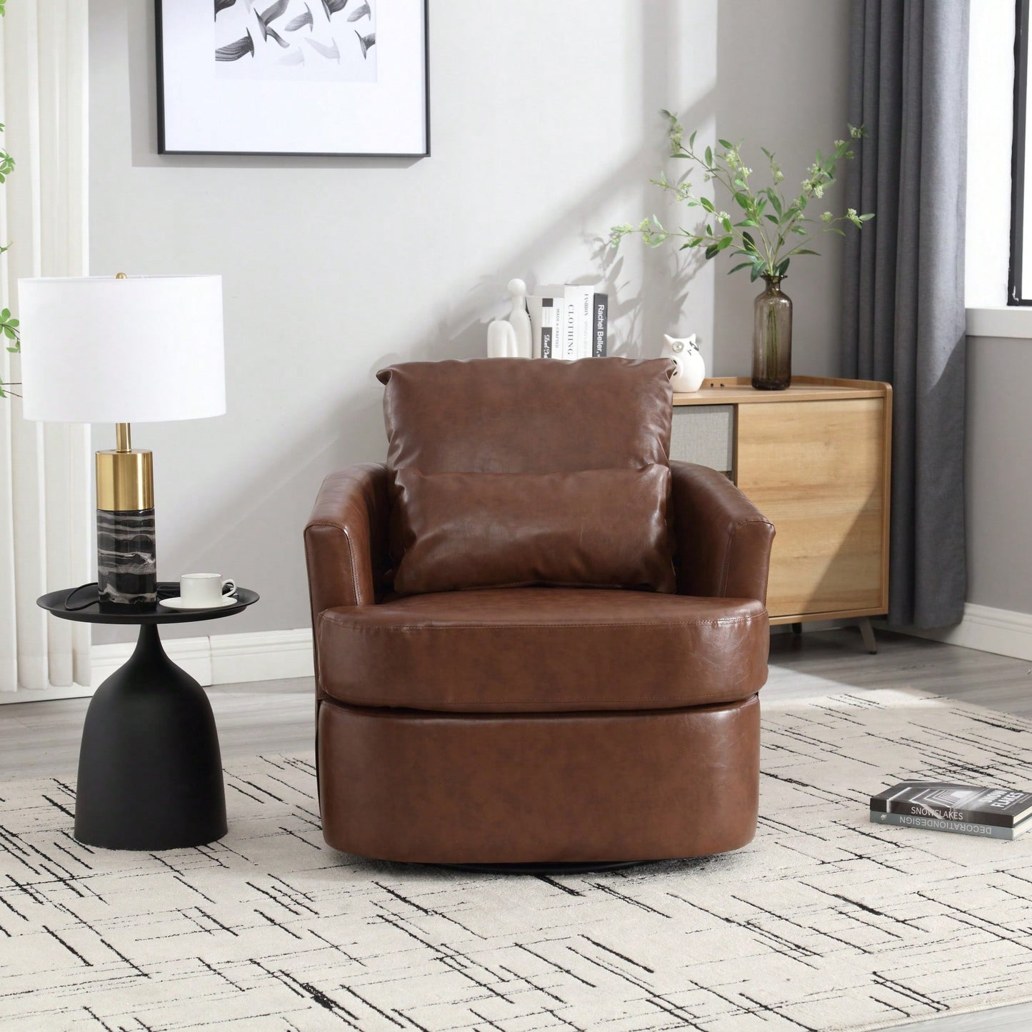Comfy 360 Degree Swivel Barrel Accent Chair For Living Room, Nursery, Office, And Lounge In Black PU
