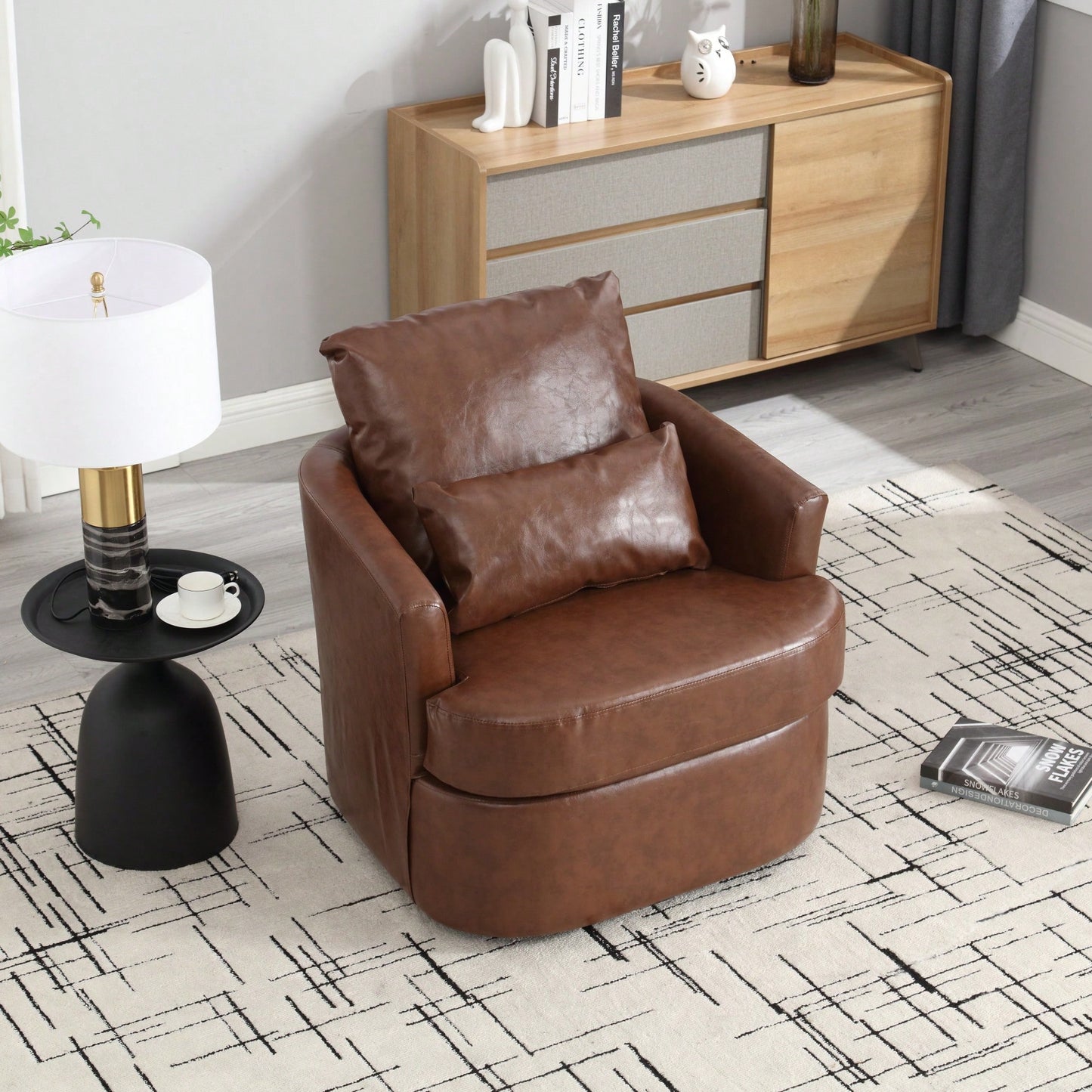 Comfy 360 Degree Swivel Barrel Accent Chair For Living Room, Nursery, Office, And Lounge In Black PU