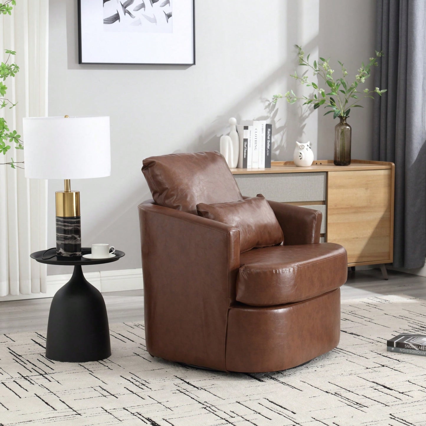 Comfy 360 Degree Swivel Barrel Accent Chair For Living Room, Nursery, Office, And Lounge In Black PU