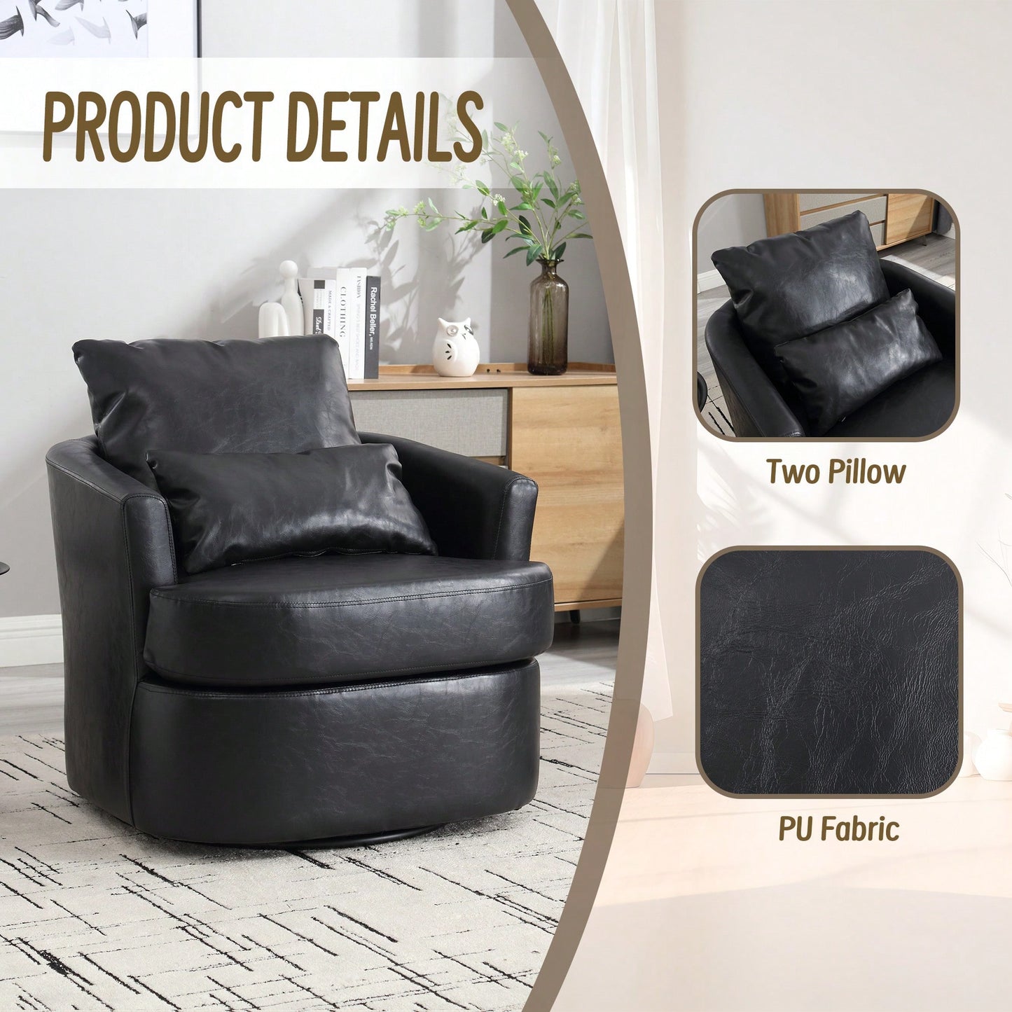 Comfy 360 Degree Swivel Barrel Accent Chair For Living Room, Nursery, Office, And Lounge In Black PU