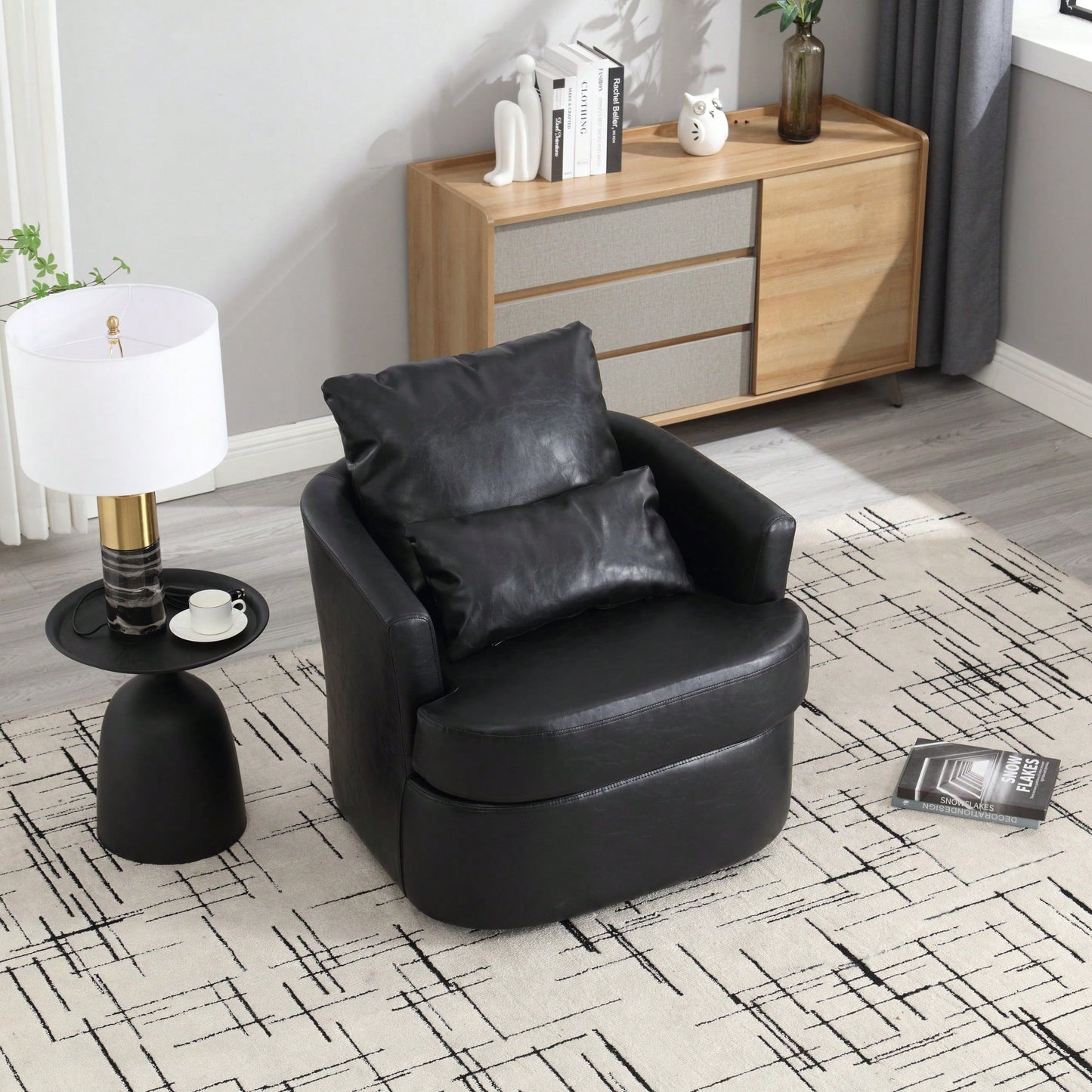 Comfy 360 Degree Swivel Barrel Accent Chair For Living Room, Nursery, Office, And Lounge In Black PU