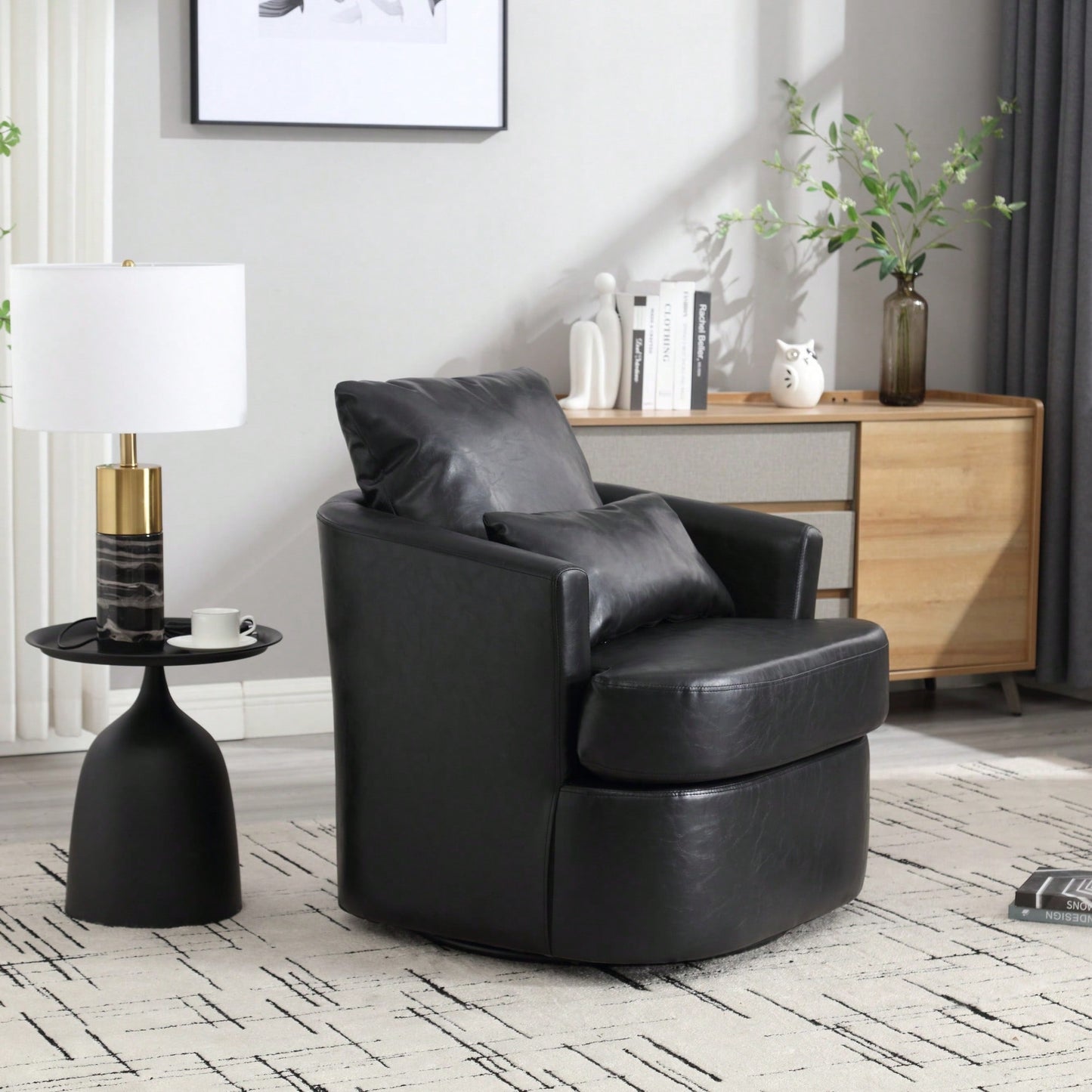 Comfy 360 Degree Swivel Barrel Accent Chair For Living Room, Nursery, Office, And Lounge In Black PU