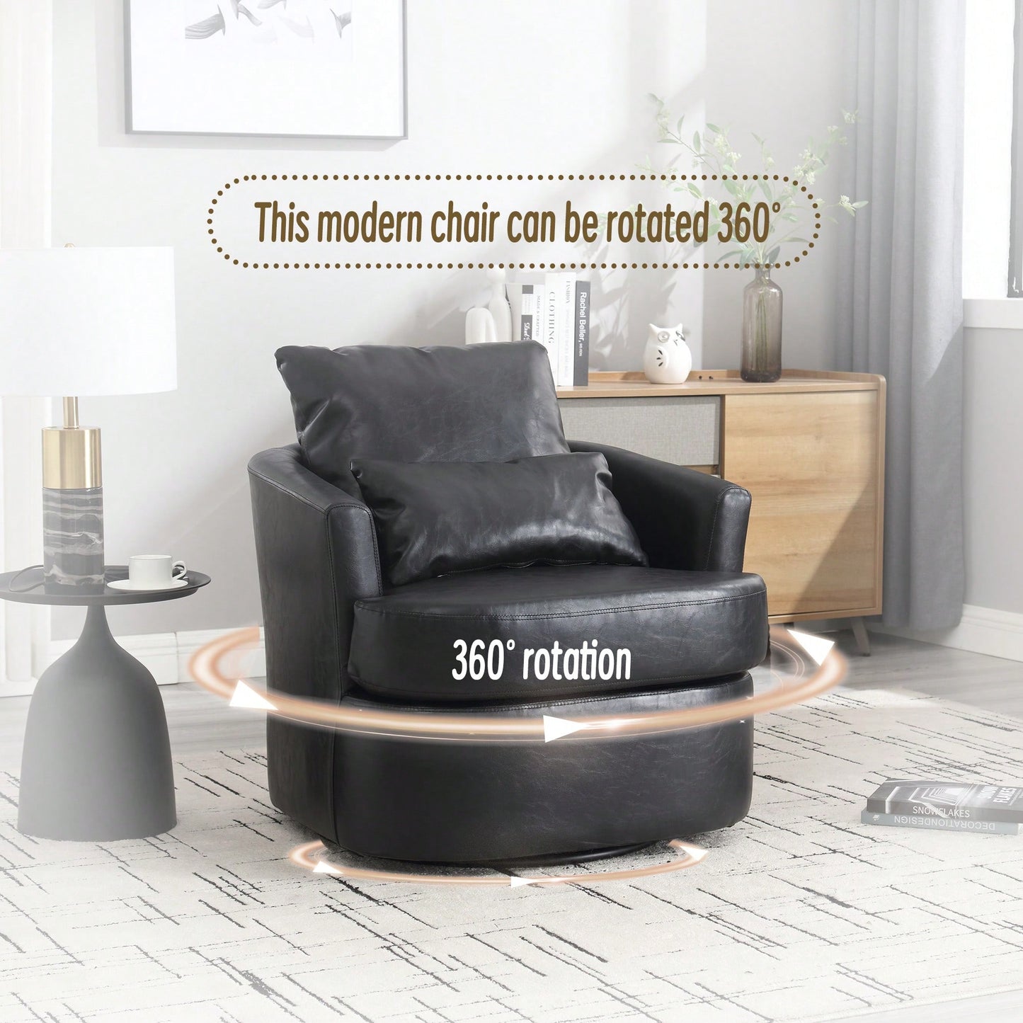 Comfy 360 Degree Swivel Barrel Accent Chair For Living Room, Nursery, Office, And Lounge In Black PU