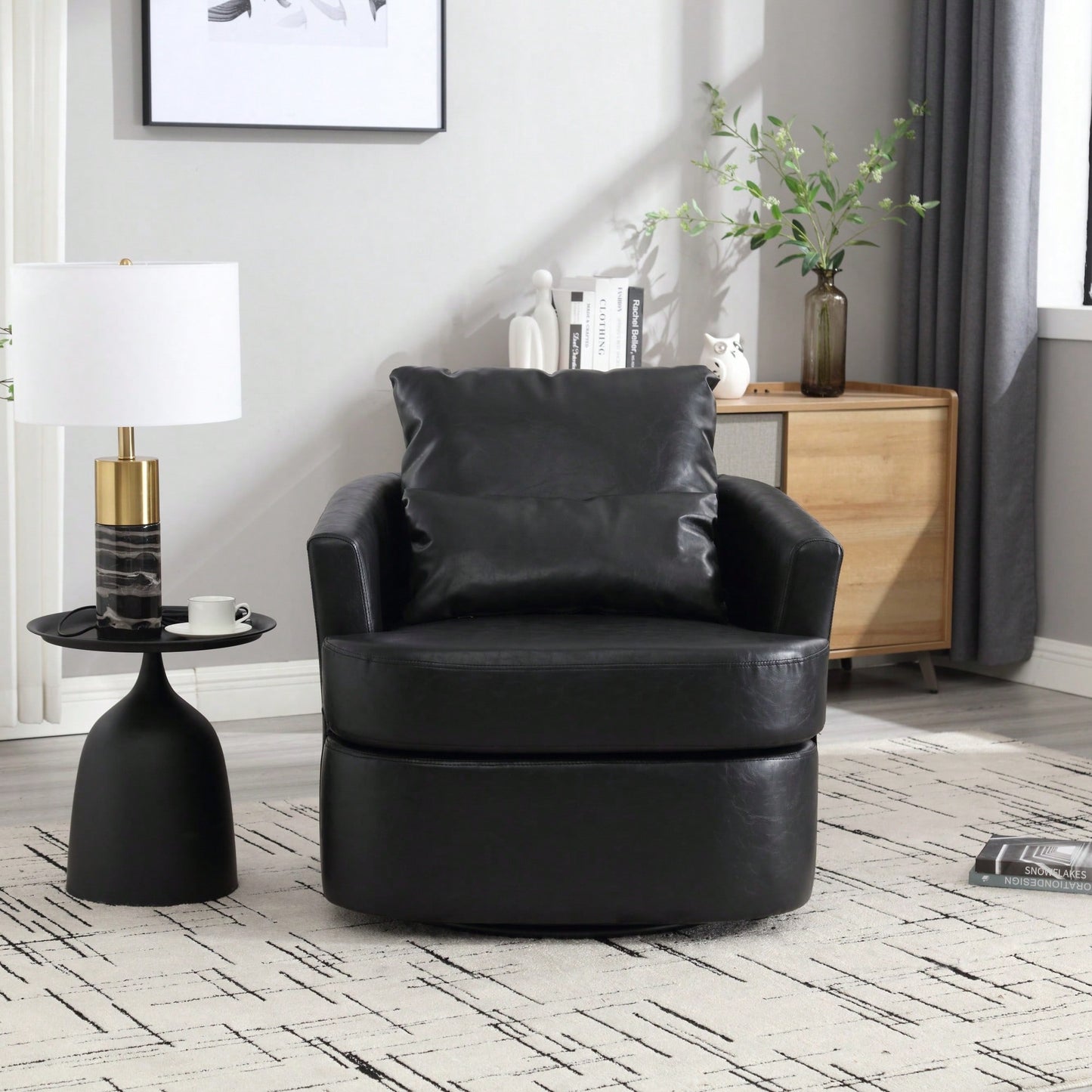 Comfy 360 Degree Swivel Barrel Accent Chair For Living Room, Nursery, Office, And Lounge In Black PU