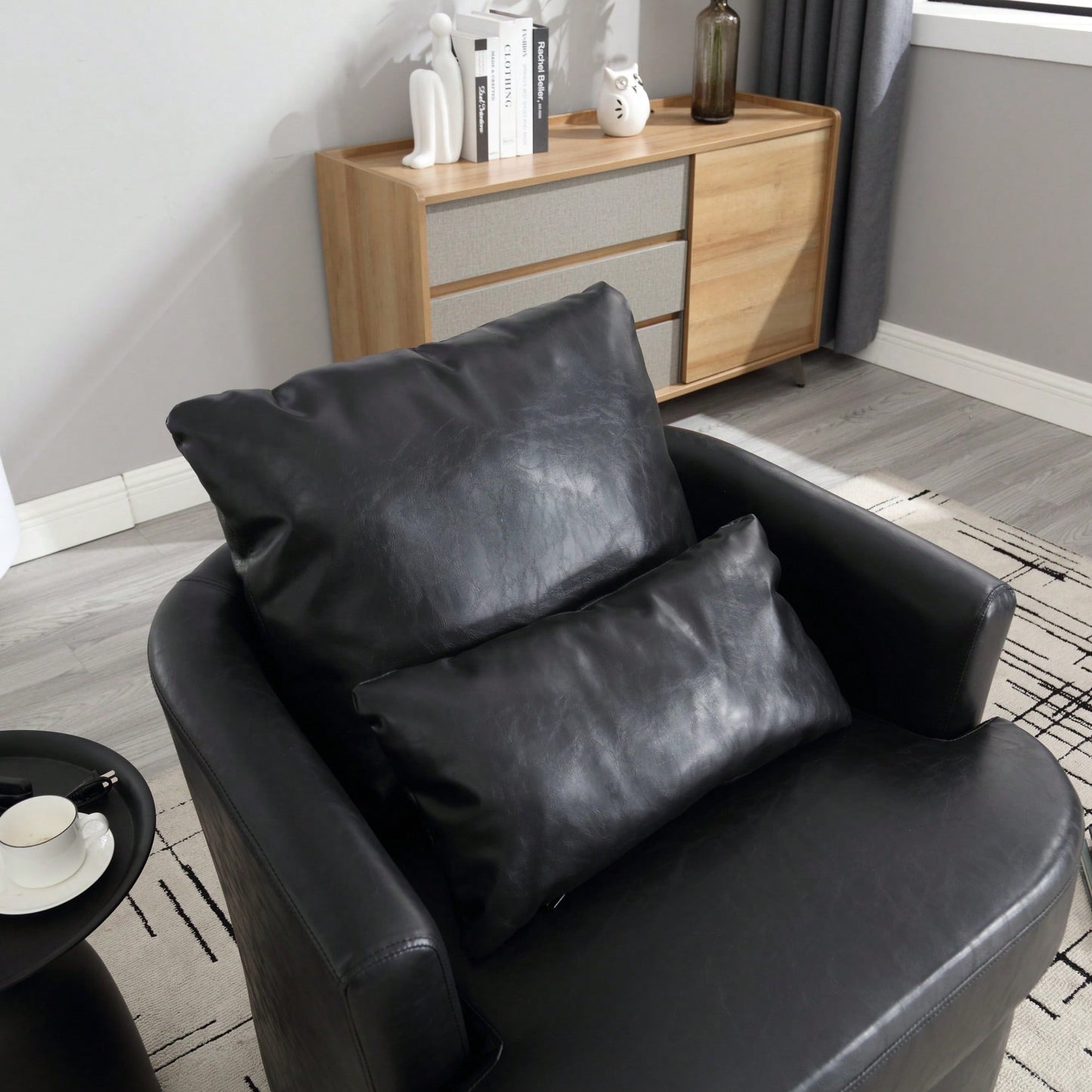 Comfy 360 Degree Swivel Barrel Accent Chair For Living Room, Nursery, Office, And Lounge In Black PU