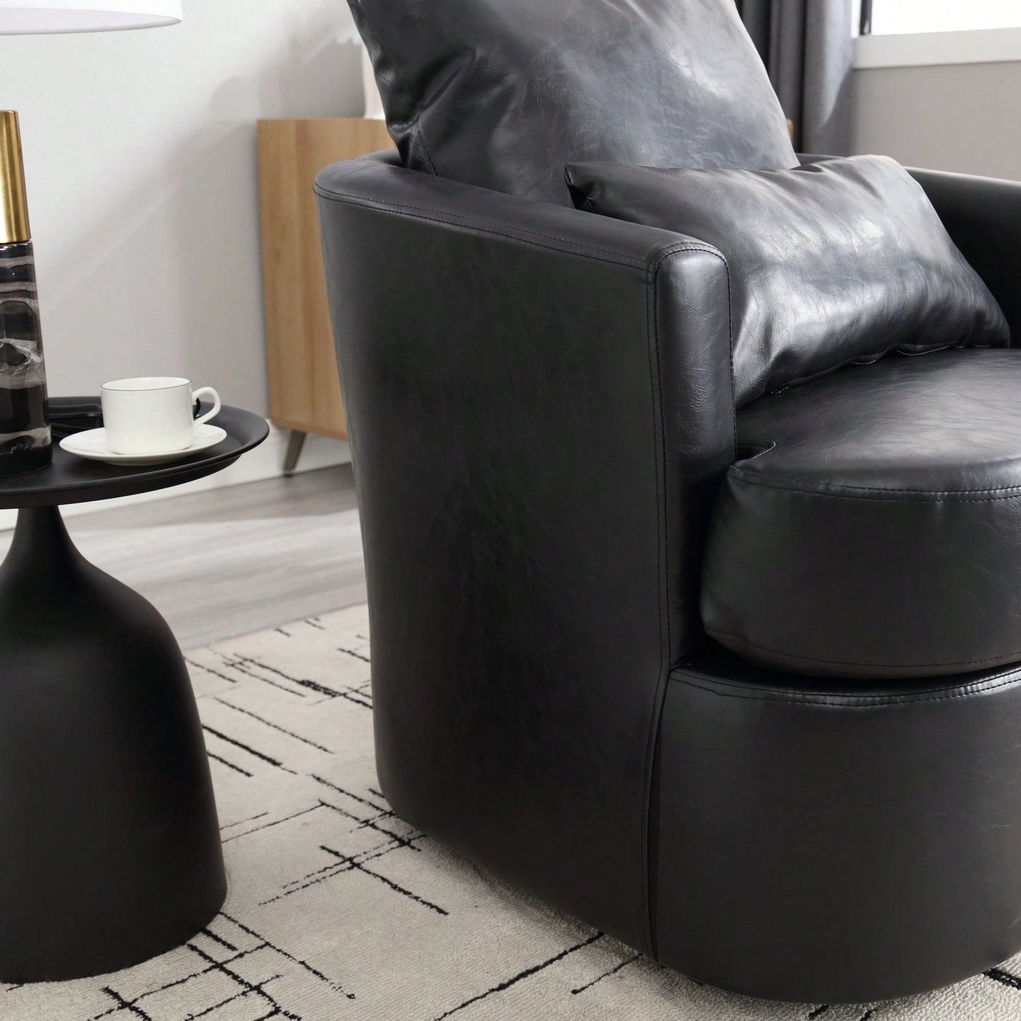 Comfy 360 Degree Swivel Barrel Accent Chair For Living Room, Nursery, Office, And Lounge In Black PU
