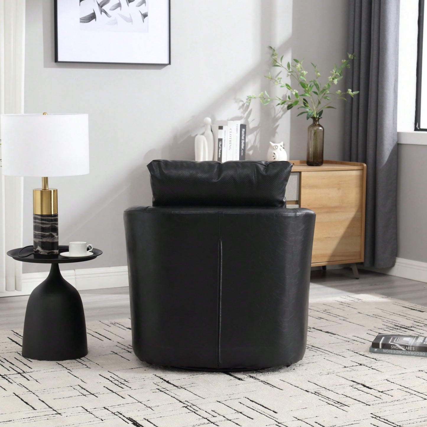 Comfy 360 Degree Swivel Barrel Accent Chair For Living Room, Nursery, Office, And Lounge In Black PU