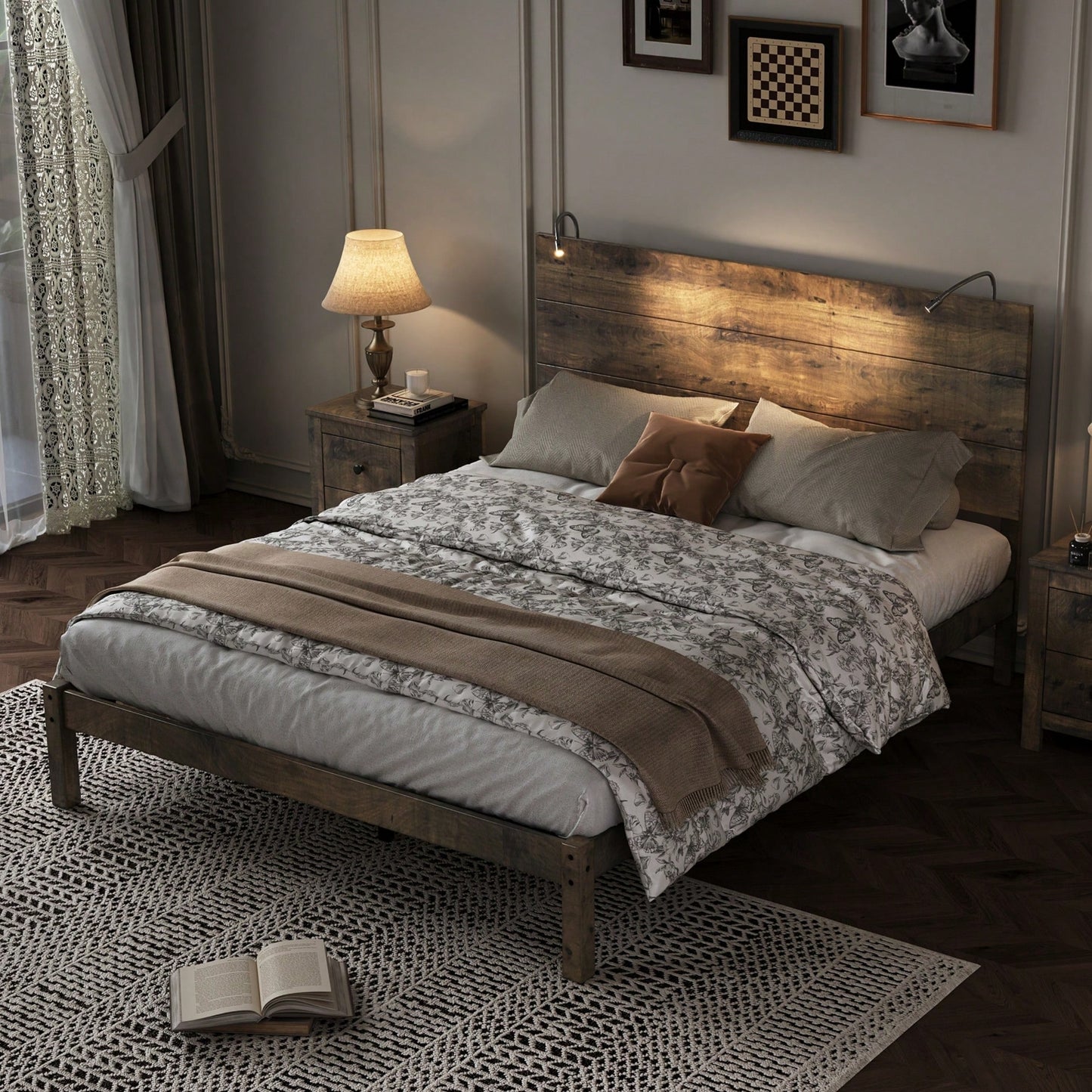 Modern Queen Size Farmhouse Wooden Platform Bed With Antique Gray Finish And Two Bedside Lights