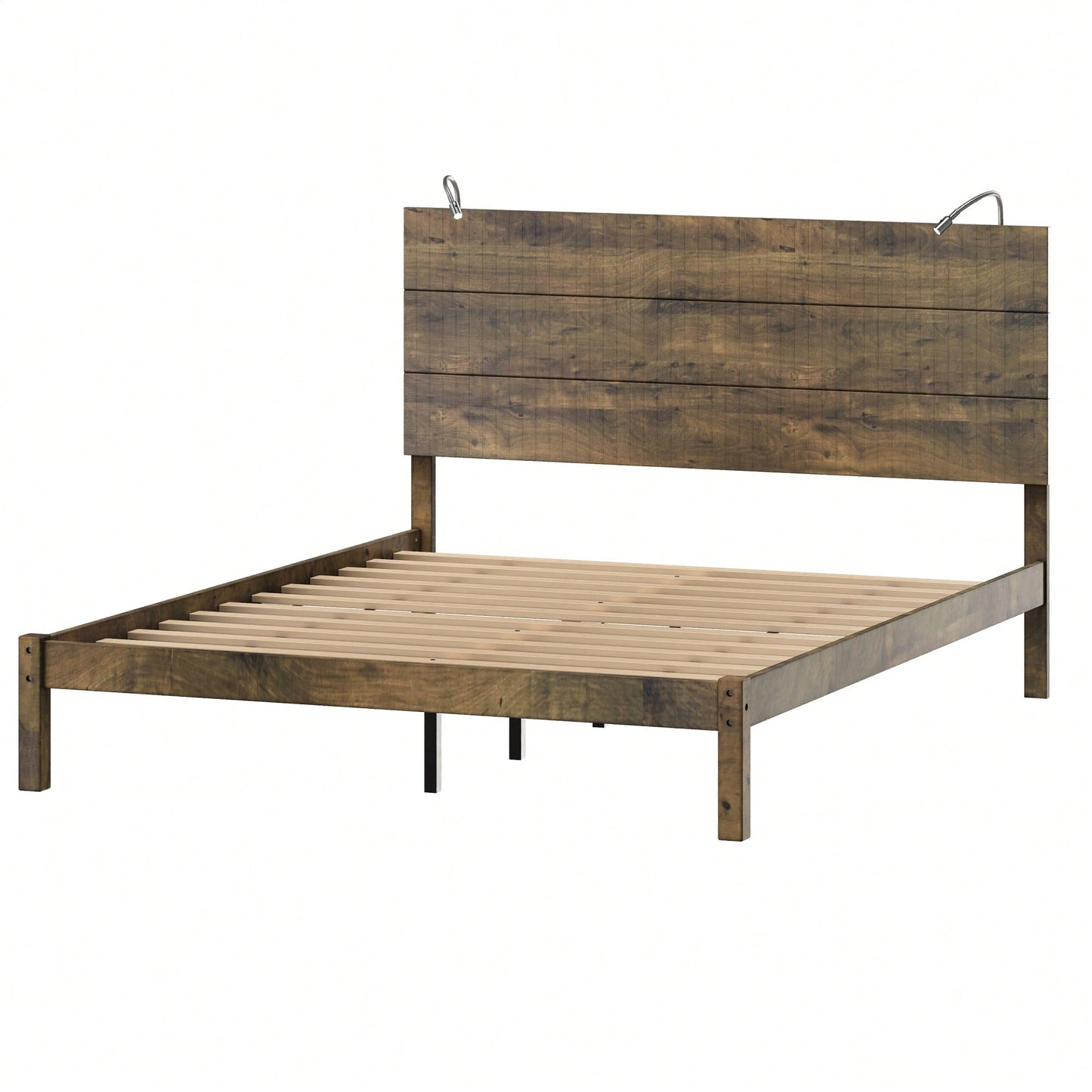 Modern Queen Size Farmhouse Wooden Platform Bed With Antique Gray Finish And Two Bedside Lights