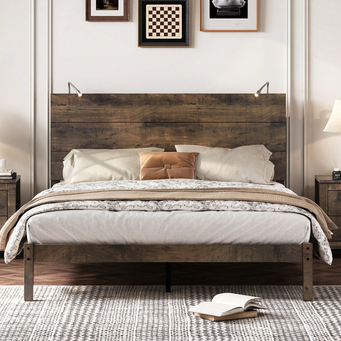 Modern Queen Size Farmhouse Wooden Platform Bed With Antique Gray Finish And Two Bedside Lights