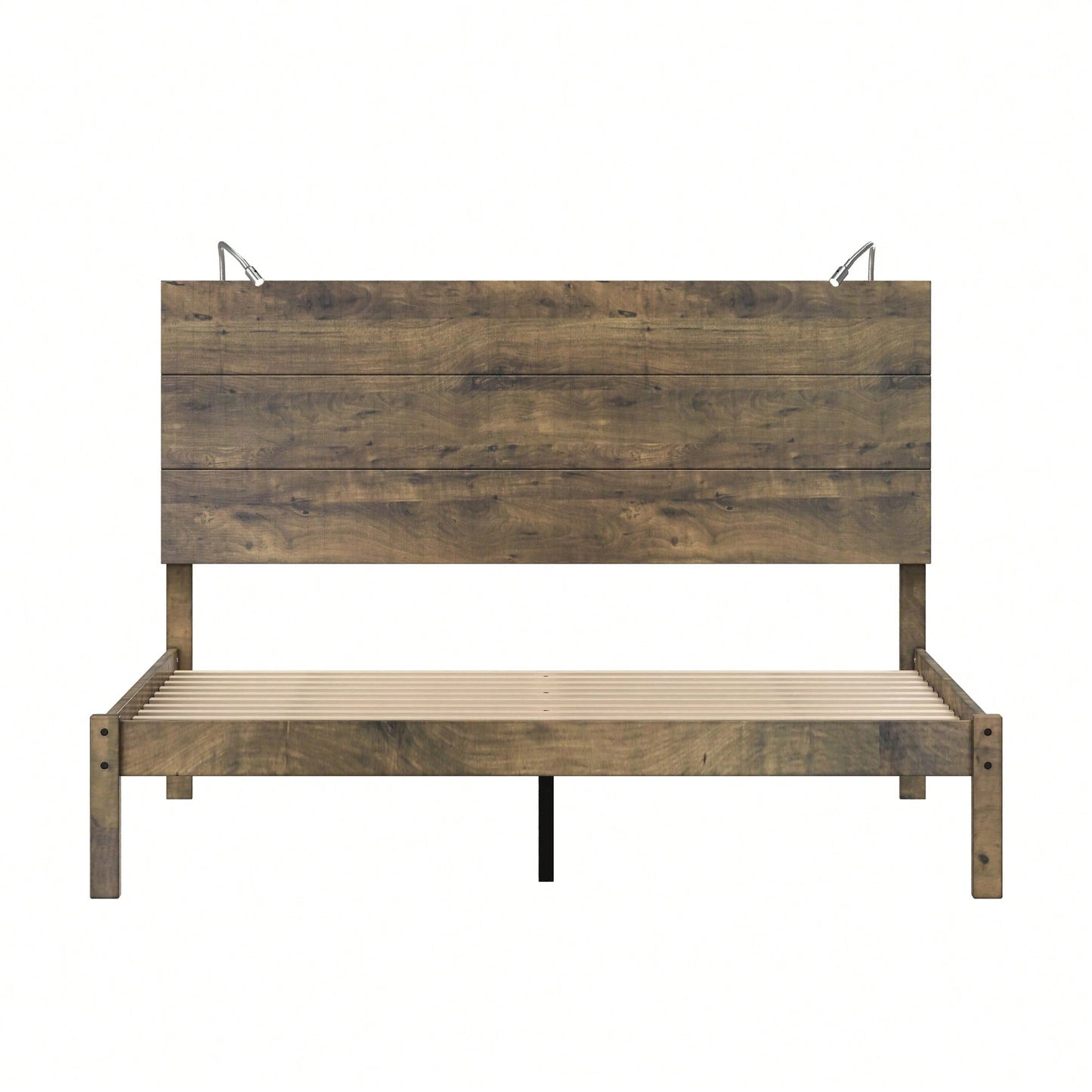Modern Queen Size Farmhouse Wooden Platform Bed With Antique Gray Finish And Two Bedside Lights