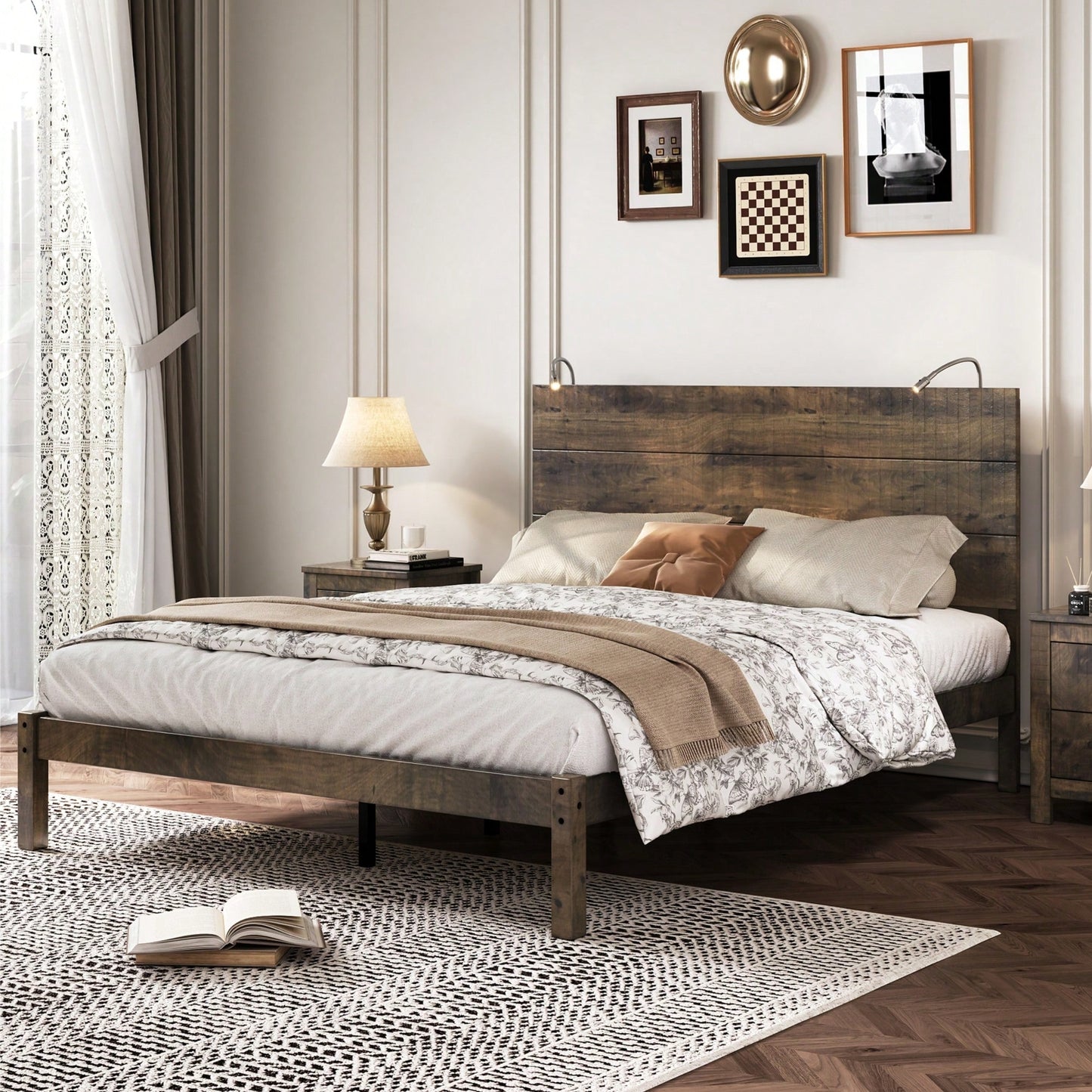 Modern Queen Size Farmhouse Wooden Platform Bed With Antique Gray Finish And Two Bedside Lights