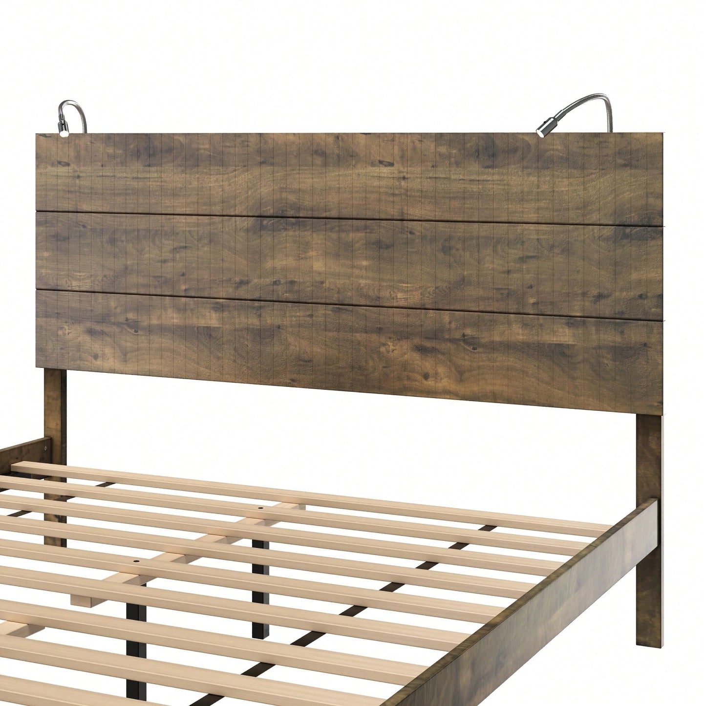 Modern Queen Size Farmhouse Wooden Platform Bed With Antique Gray Finish And Two Bedside Lights
