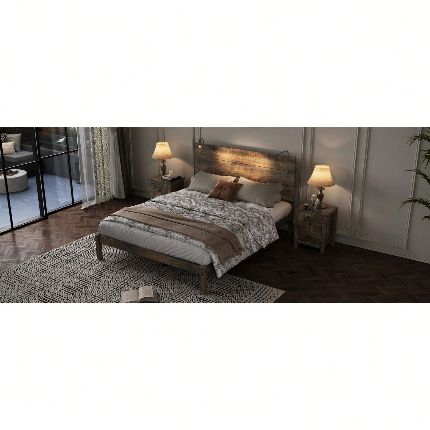 Modern Queen Size Farmhouse Wooden Platform Bed With Antique Gray Finish And Two Bedside Lights