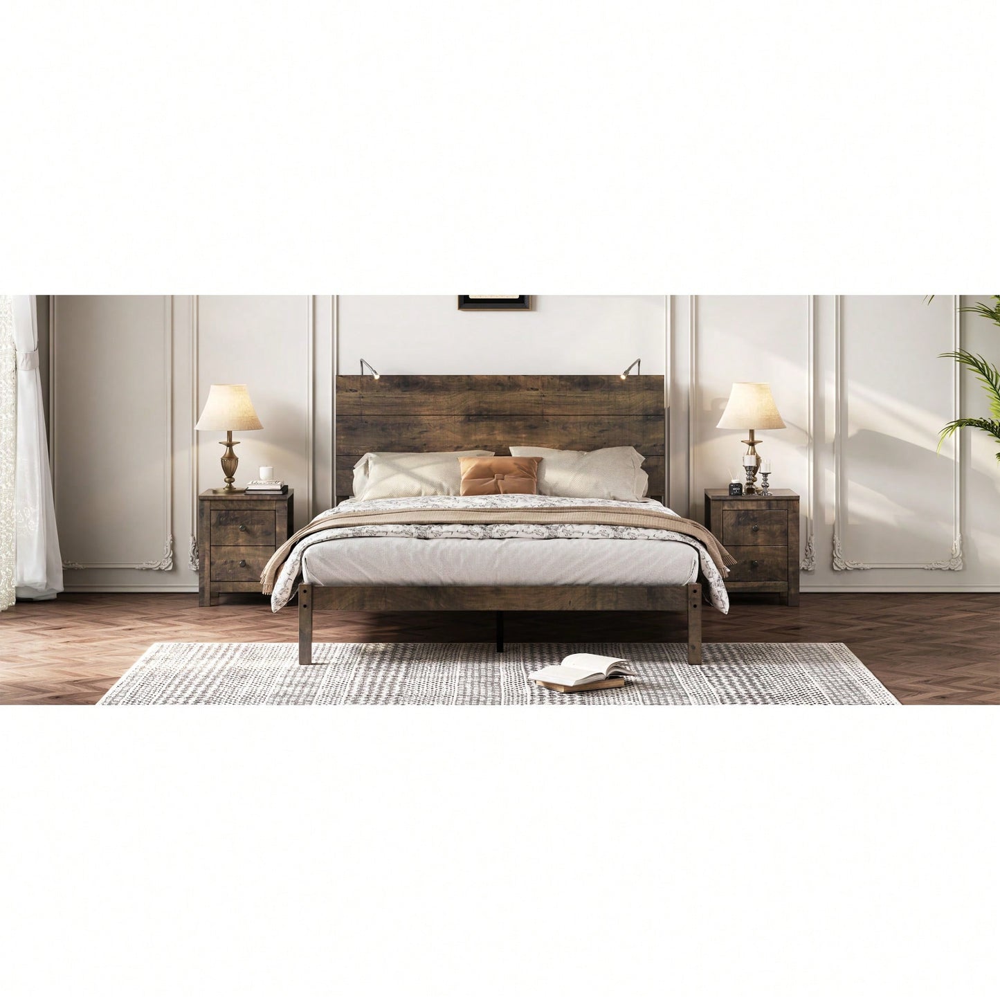 Modern Queen Size Farmhouse Wooden Platform Bed With Antique Gray Finish And Two Bedside Lights