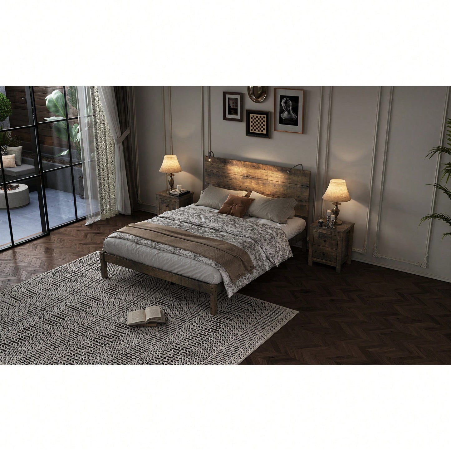 Modern Queen Size Farmhouse Wooden Platform Bed With Antique Gray Finish And Two Bedside Lights