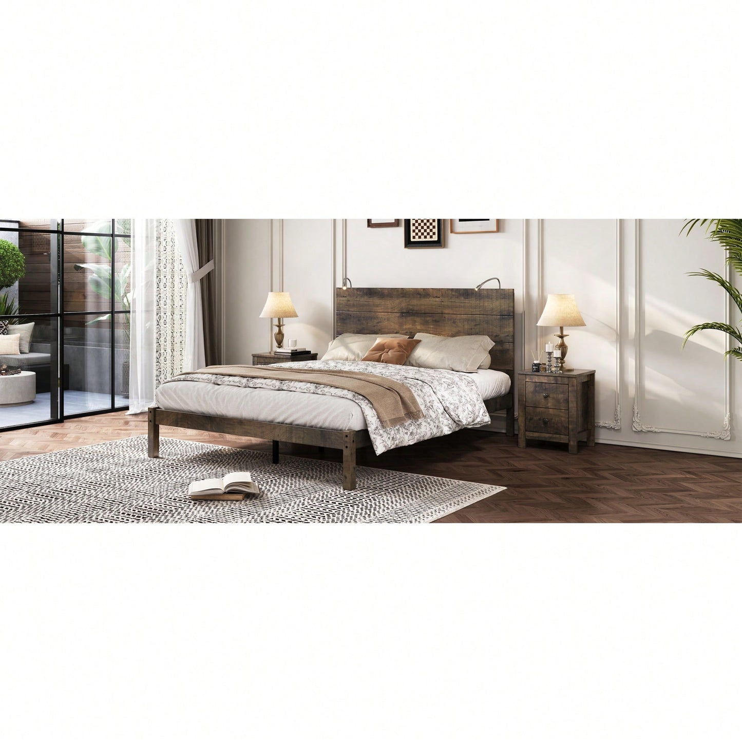 Modern Queen Size Farmhouse Wooden Platform Bed With Antique Gray Finish And Two Bedside Lights