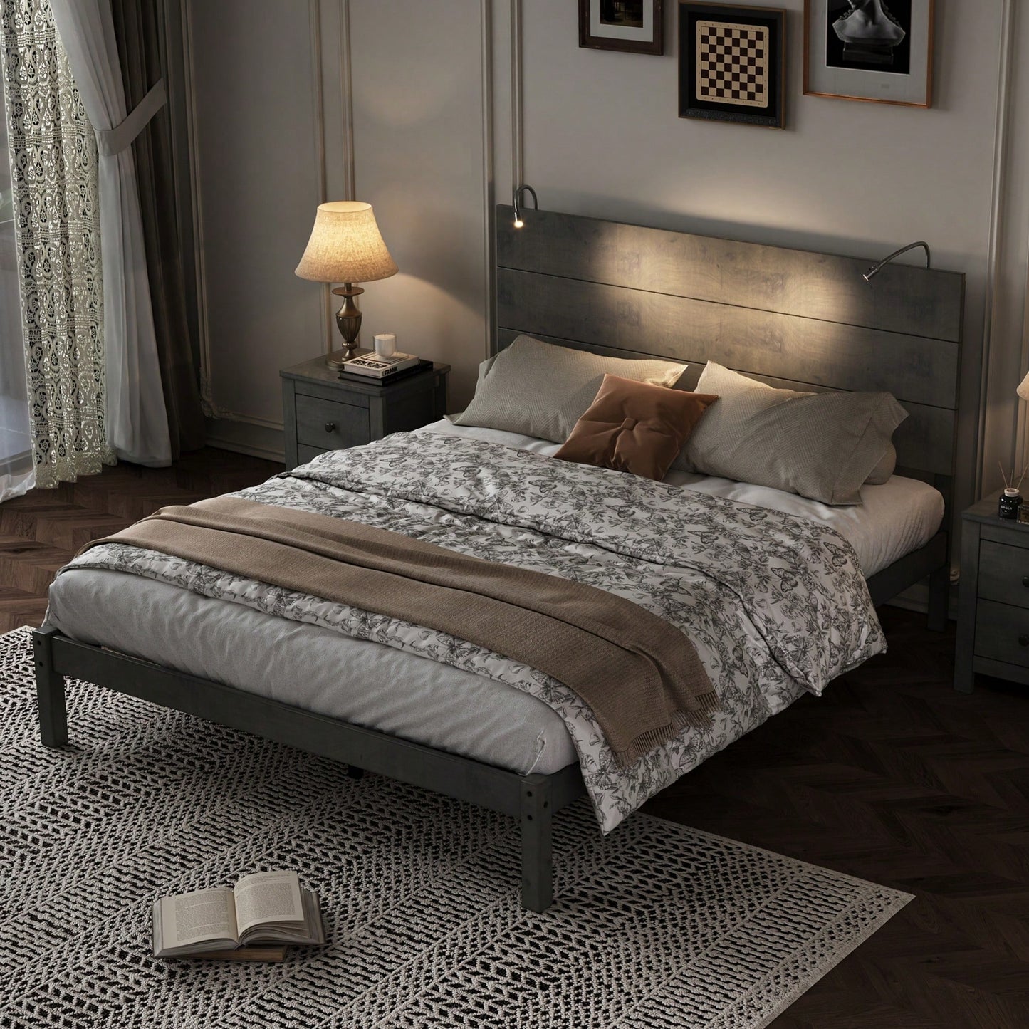 Modern Queen Size Farmhouse Wooden Platform Bed With Antique Gray Finish And Two Bedside Lights