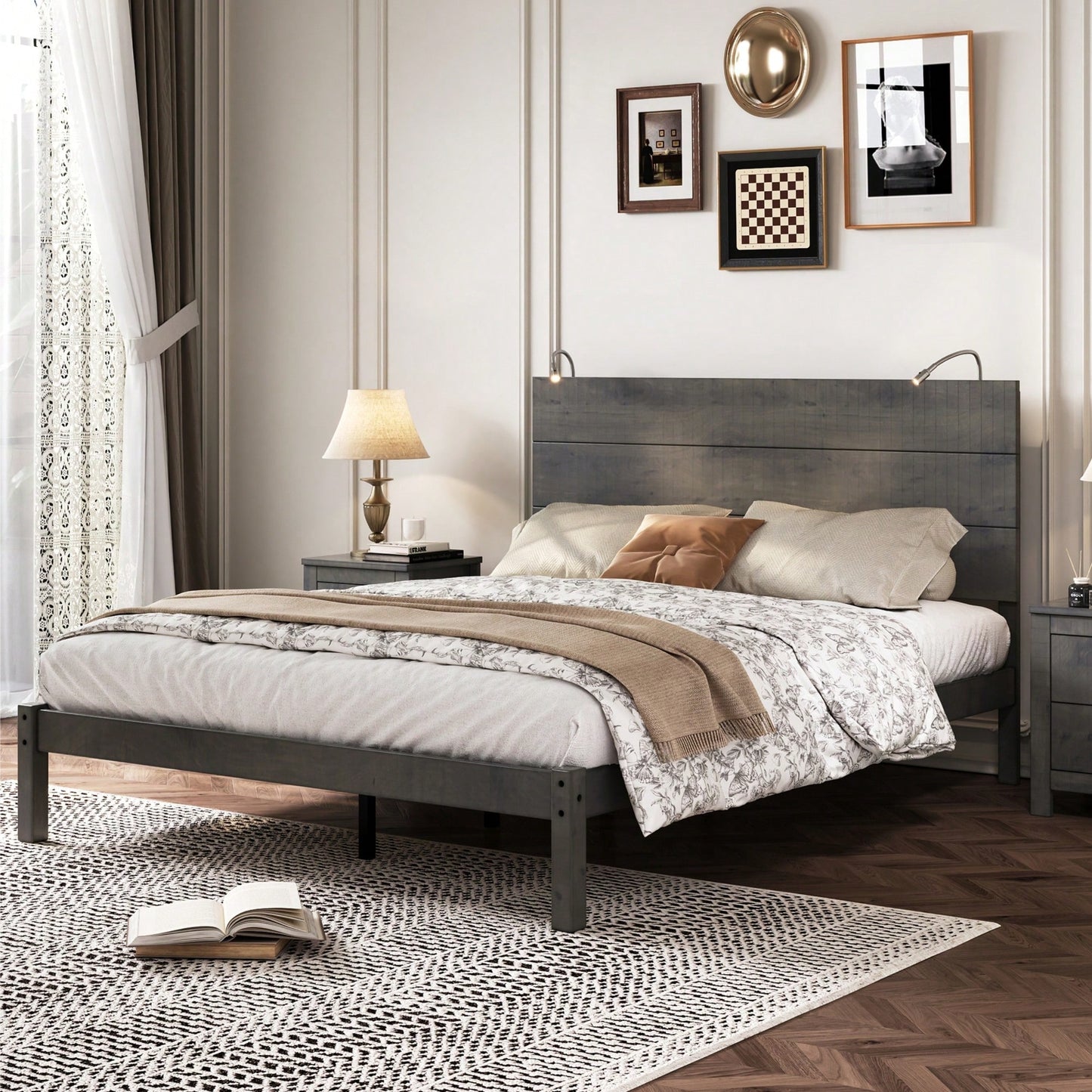 Modern Queen Size Farmhouse Wooden Platform Bed With Antique Gray Finish And Two Bedside Lights