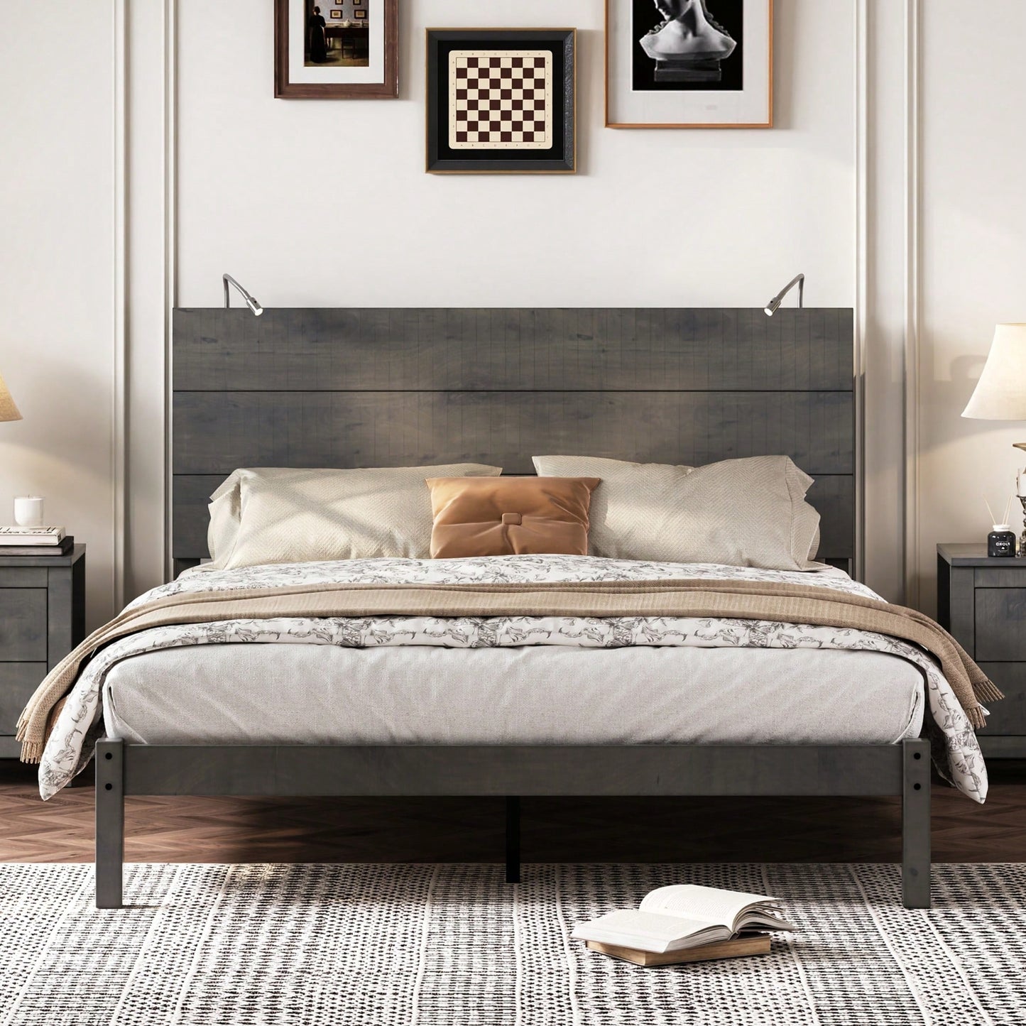 Modern Queen Size Farmhouse Wooden Platform Bed With Antique Gray Finish And Two Bedside Lights