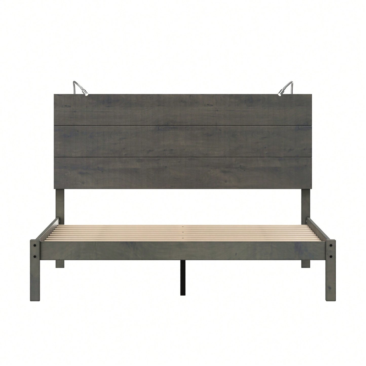 Modern Queen Size Farmhouse Wooden Platform Bed With Antique Gray Finish And Two Bedside Lights