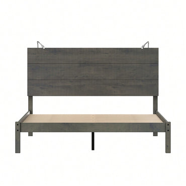Modern Queen Size Farmhouse Wooden Platform Bed With Antique Gray Finish And Two Bedside Lights