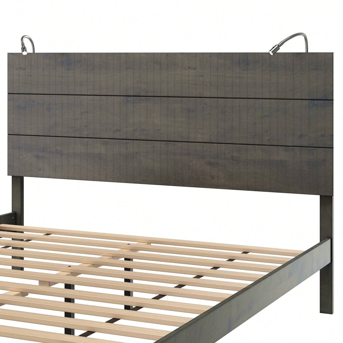 Modern Queen Size Farmhouse Wooden Platform Bed With Antique Gray Finish And Two Bedside Lights