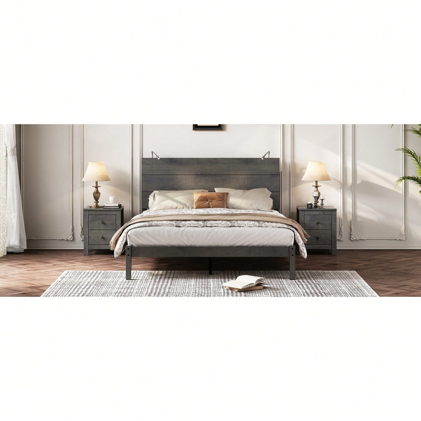 Modern Queen Size Farmhouse Wooden Platform Bed With Antique Gray Finish And Two Bedside Lights