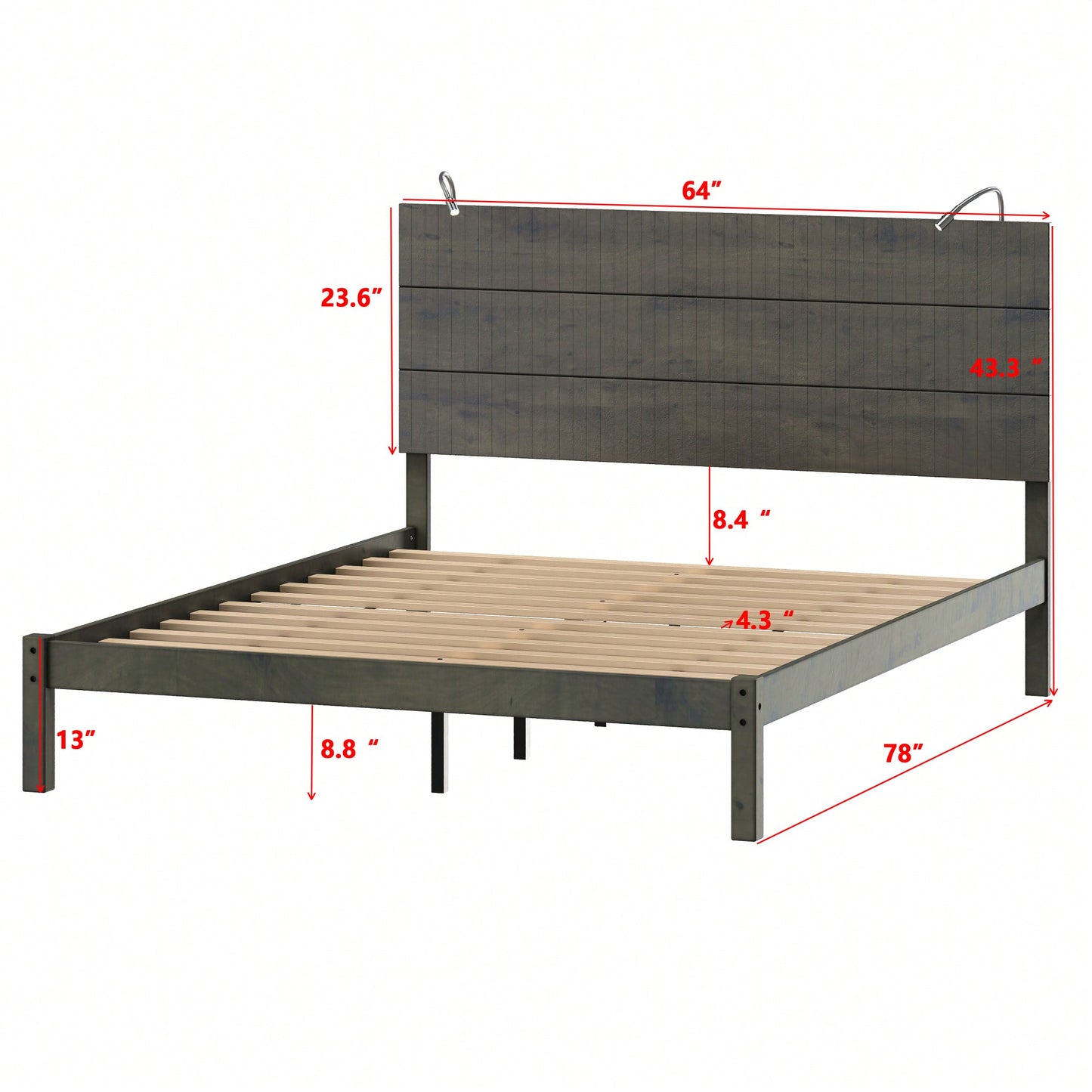Modern Queen Size Farmhouse Wooden Platform Bed With Antique Gray Finish And Two Bedside Lights