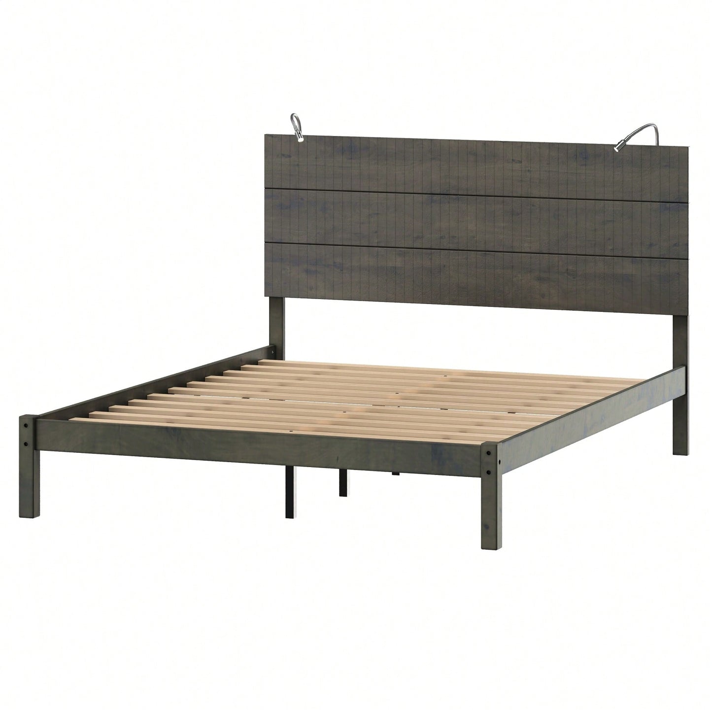 Modern Queen Size Farmhouse Wooden Platform Bed With Antique Gray Finish And Two Bedside Lights