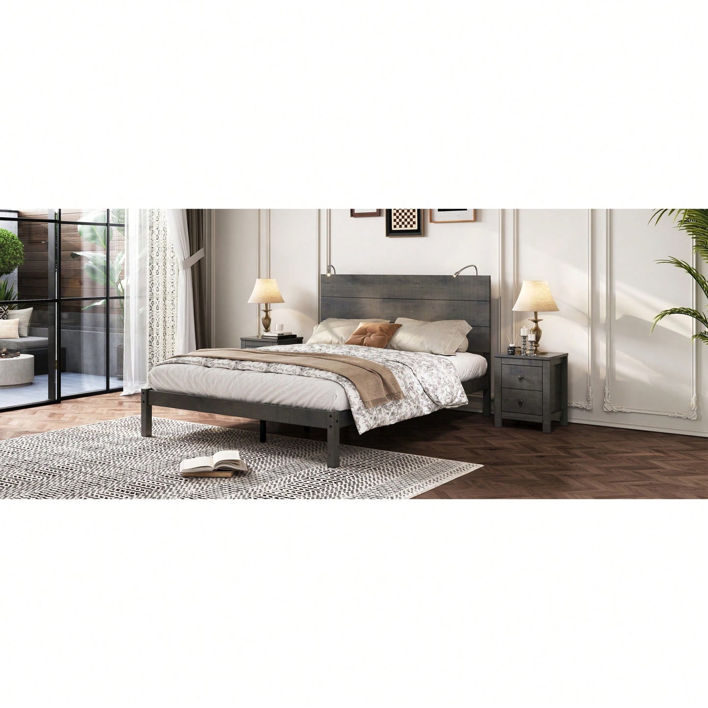 Modern Queen Size Farmhouse Wooden Platform Bed With Antique Gray Finish And Two Bedside Lights