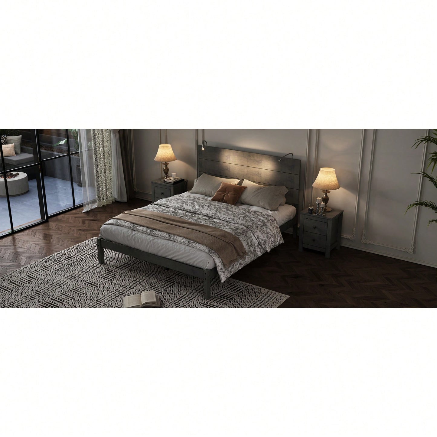 Modern Queen Size Farmhouse Wooden Platform Bed With Antique Gray Finish And Two Bedside Lights