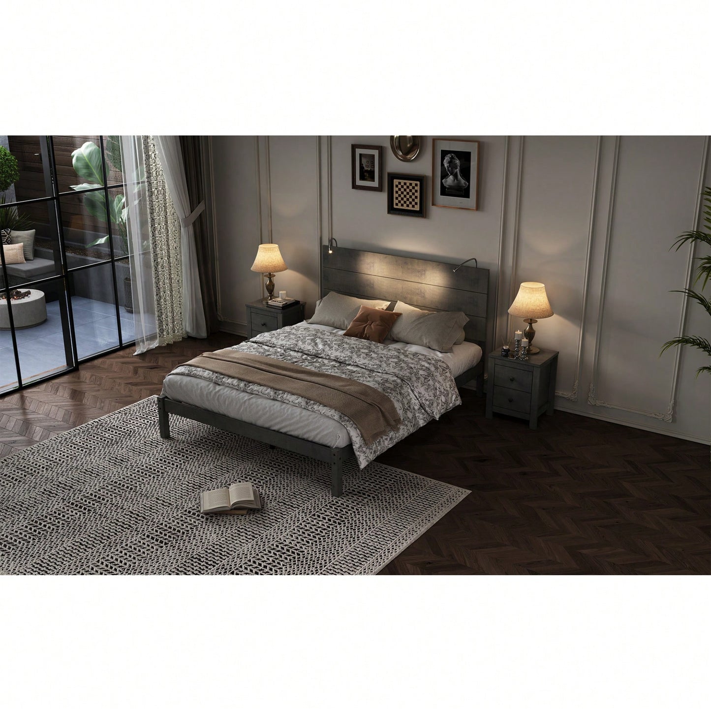 Modern Queen Size Farmhouse Wooden Platform Bed With Antique Gray Finish And Two Bedside Lights