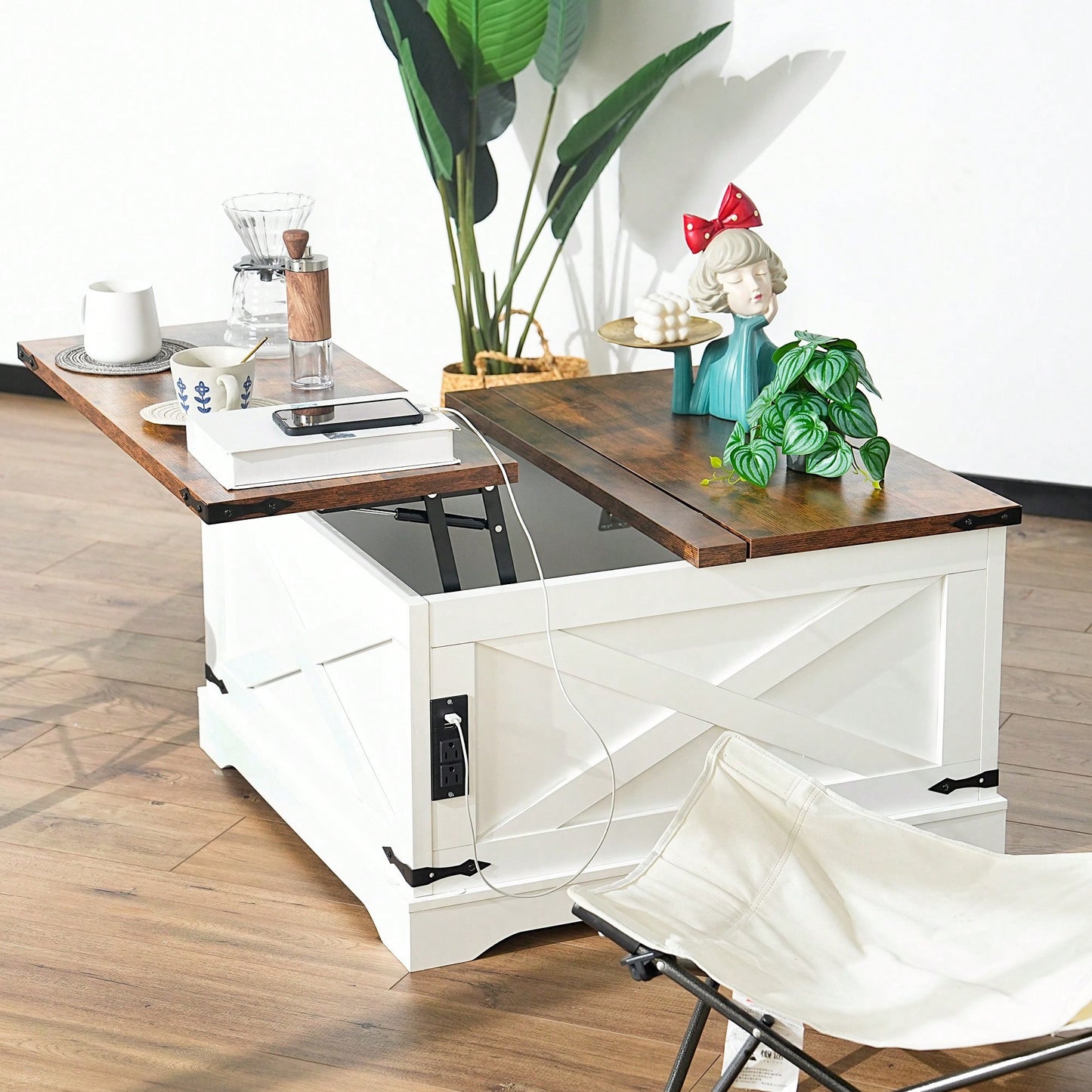 Multi-Functional Vintage White Coffee Table With Lifting Mechanism For Living Room 90CM