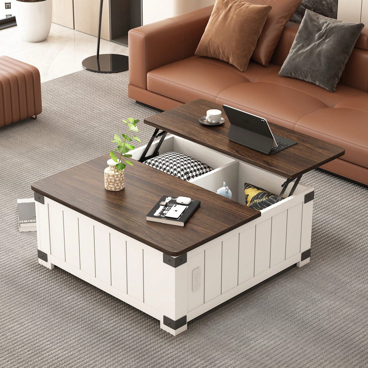 Farmhouse Lift Top Coffee Table with Storage and USB Charging Station Versatile Center Table for Living Room Bedroom and Home Office