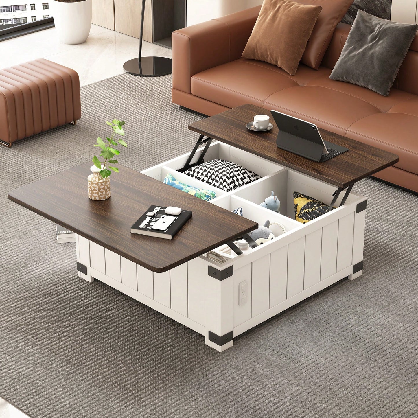 Farmhouse Lift Top Coffee Table with Storage and USB Charging Station Versatile Center Table for Living Room Bedroom and Home Office
