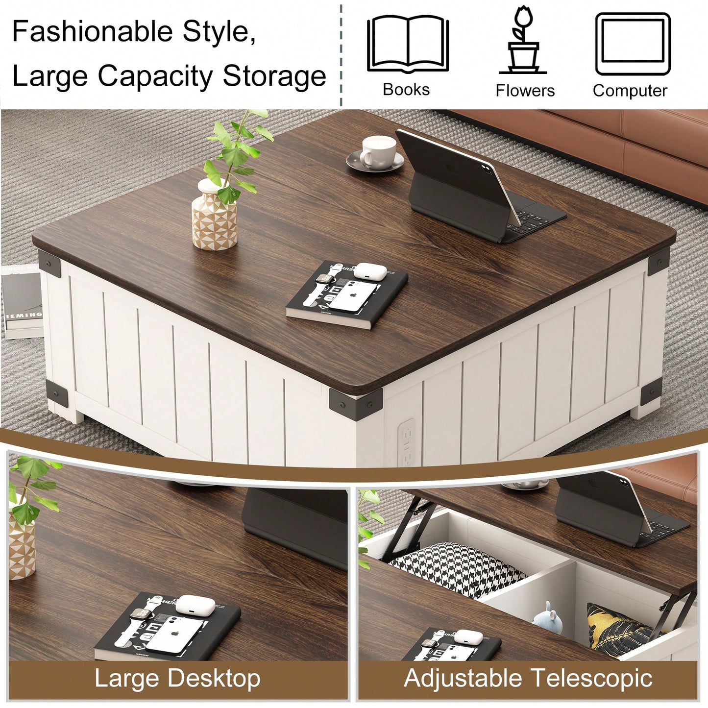 Farmhouse Lift Top Coffee Table with Storage and USB Charging Station Versatile Center Table for Living Room Bedroom and Home Office