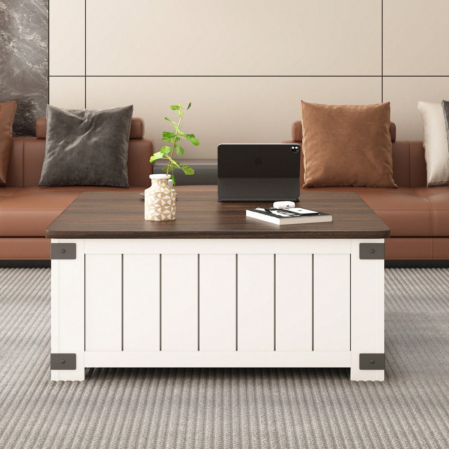 Farmhouse Lift Top Coffee Table with Storage and USB Charging Station Versatile Center Table for Living Room Bedroom and Home Office