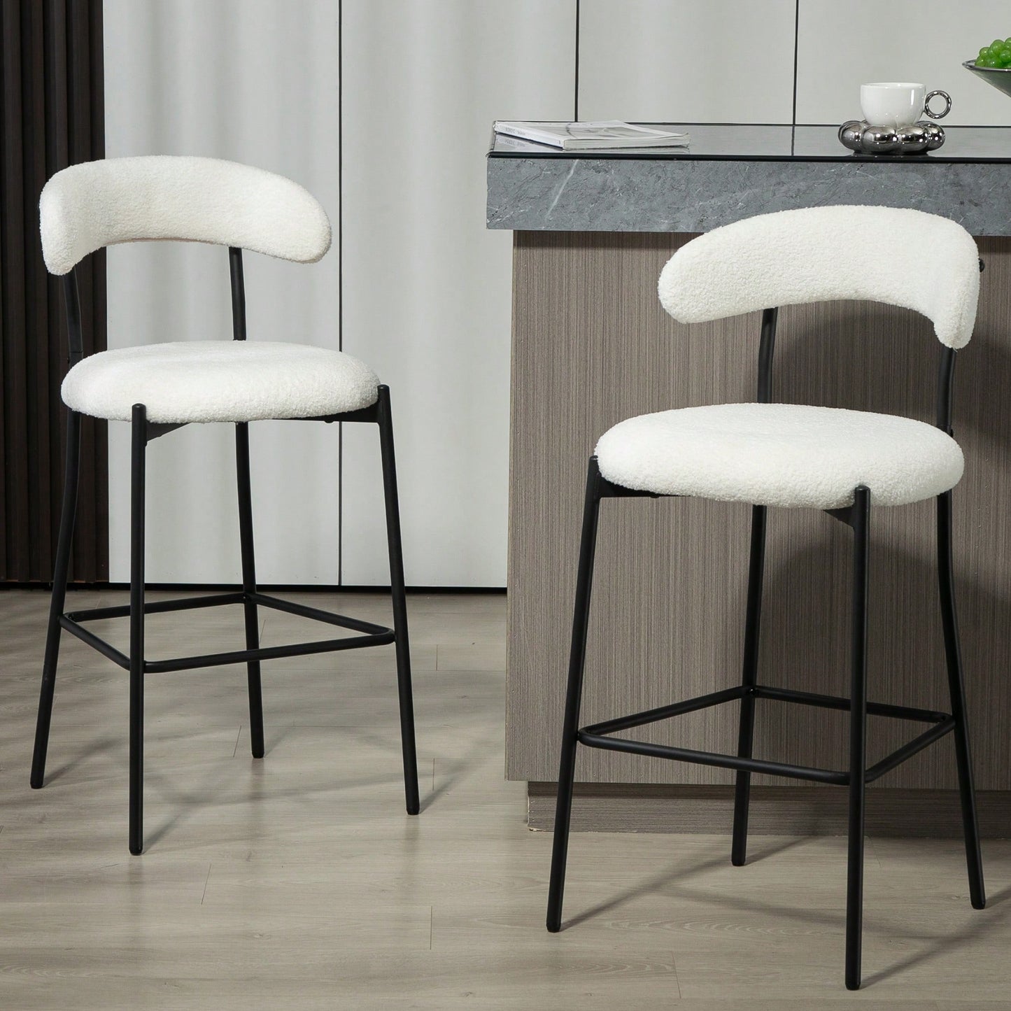 Counter Height Bar Stools With Teddy Fabric Cover And Black Powder Coated Base For Kitchen Island And Dining Room