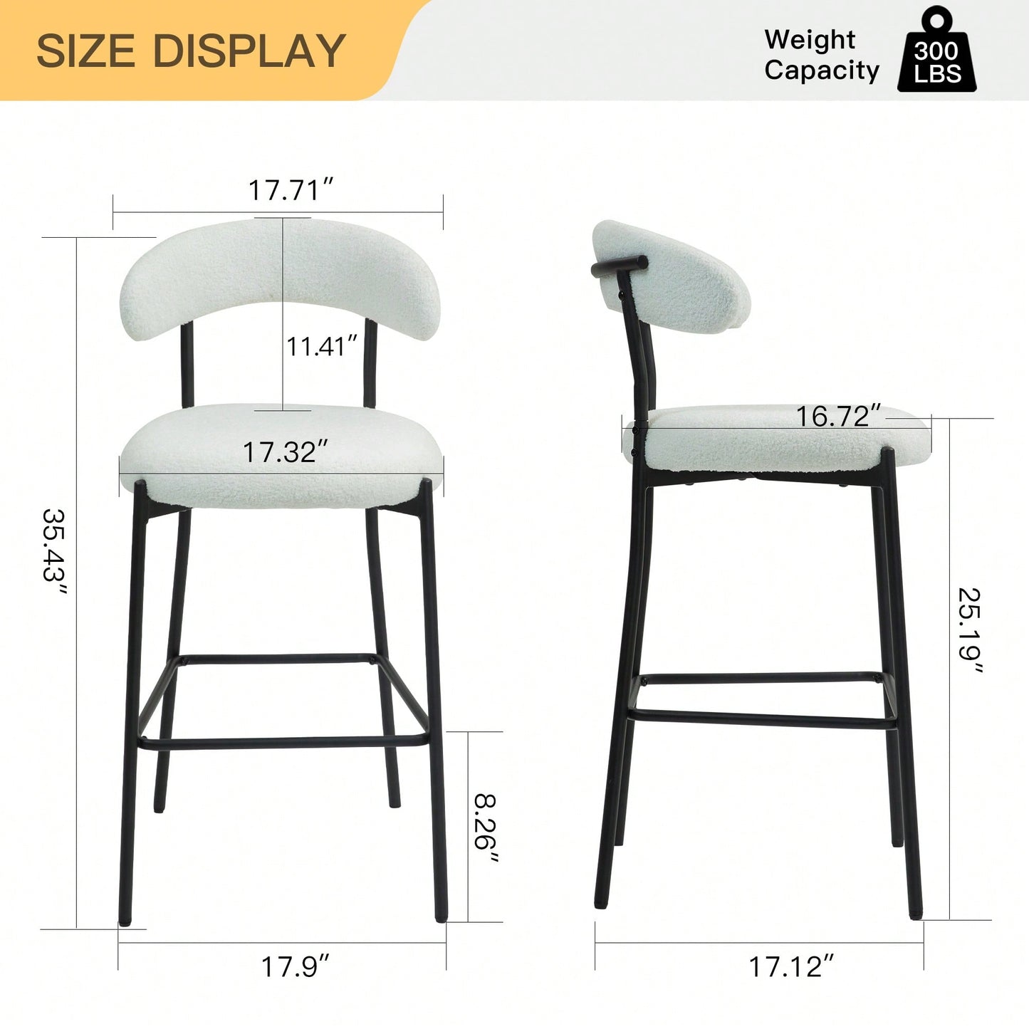 Counter Height Bar Stools With Teddy Fabric Cover And Black Powder Coated Base For Kitchen Island And Dining Room