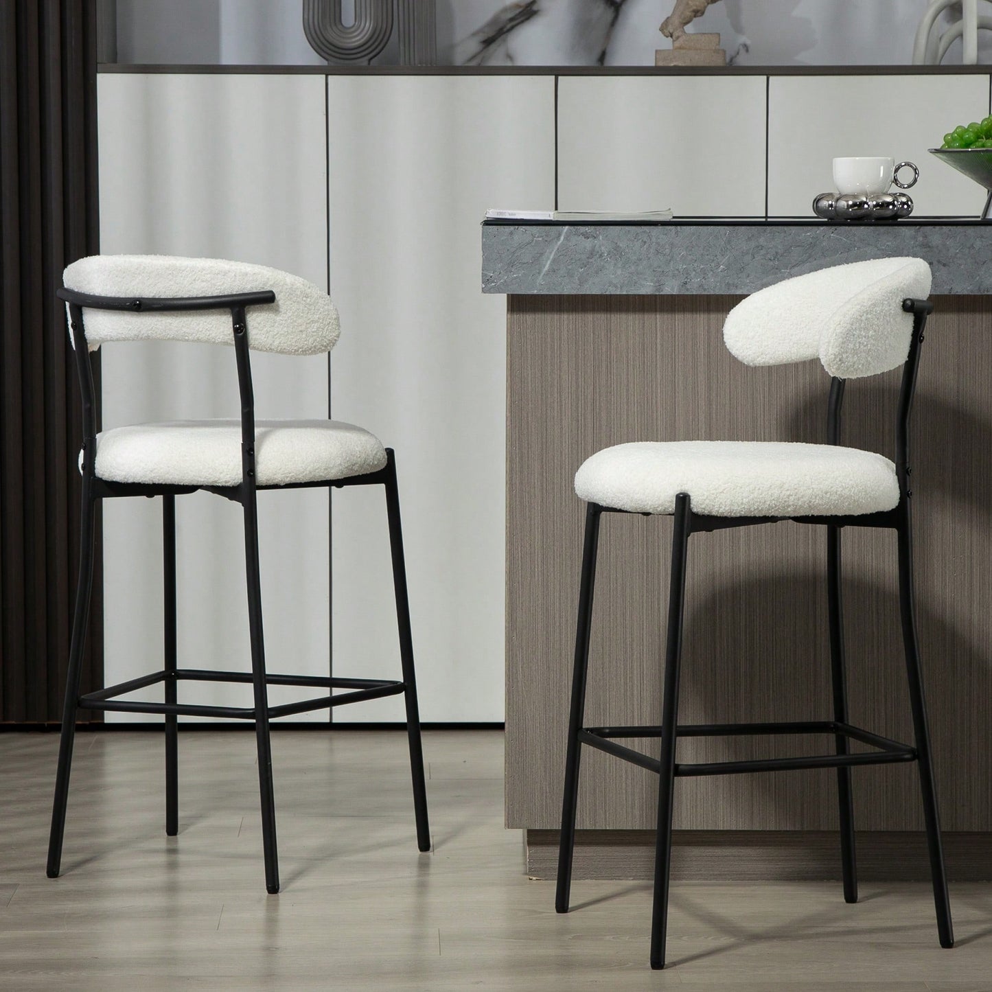 Counter Height Bar Stools With Teddy Fabric Cover And Black Powder Coated Base For Kitchen Island And Dining Room
