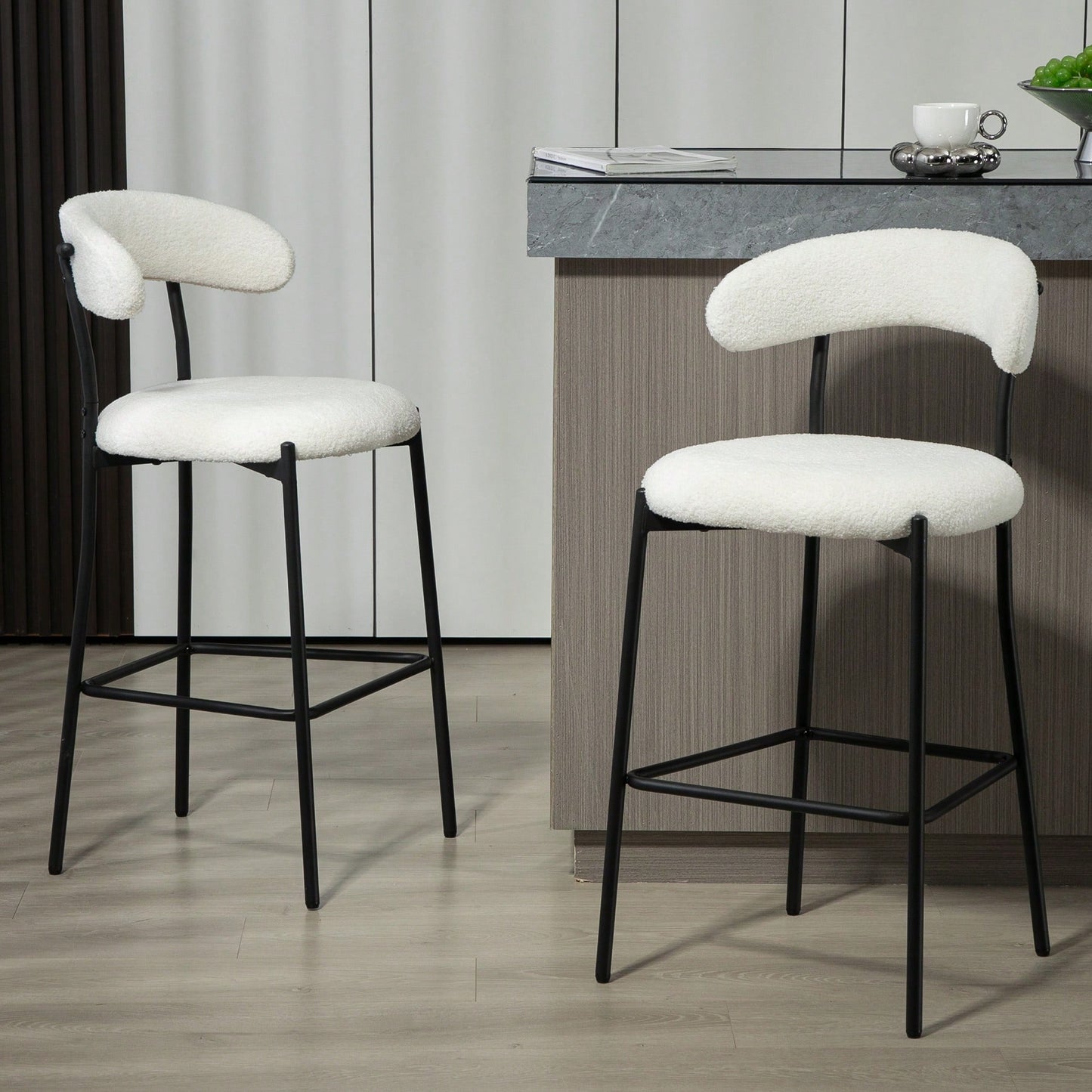 Counter Height Bar Stools With Teddy Fabric Cover And Black Powder Coated Base For Kitchen Island And Dining Room