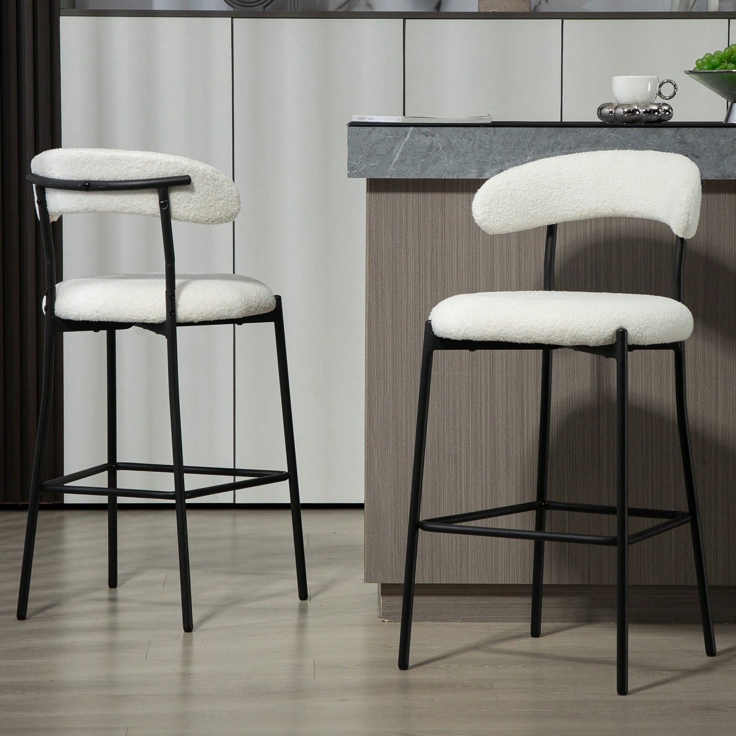 Counter Height Bar Stools With Teddy Fabric Cover And Black Powder Coated Base For Kitchen Island And Dining Room