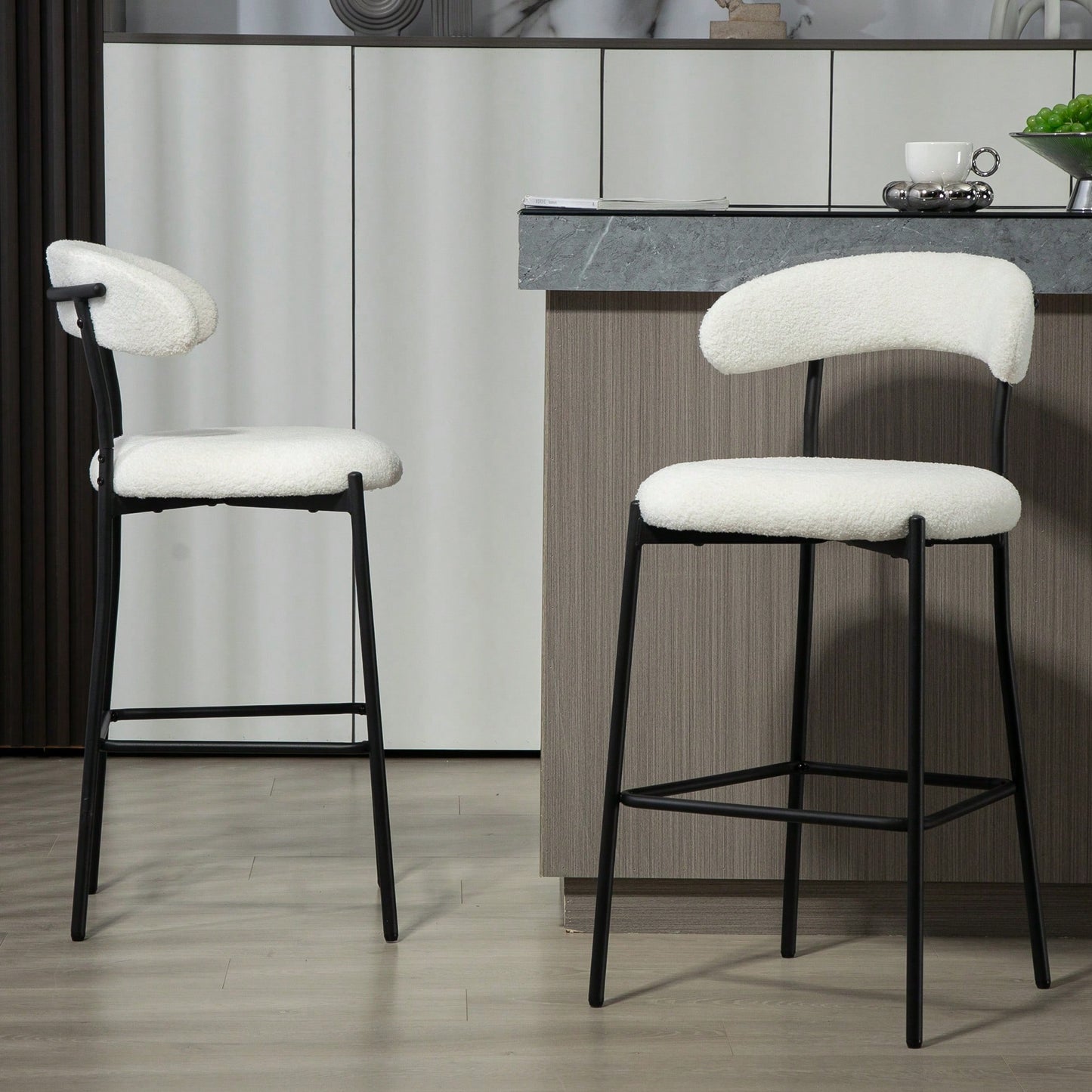 Counter Height Bar Stools With Teddy Fabric Cover And Black Powder Coated Base For Kitchen Island And Dining Room