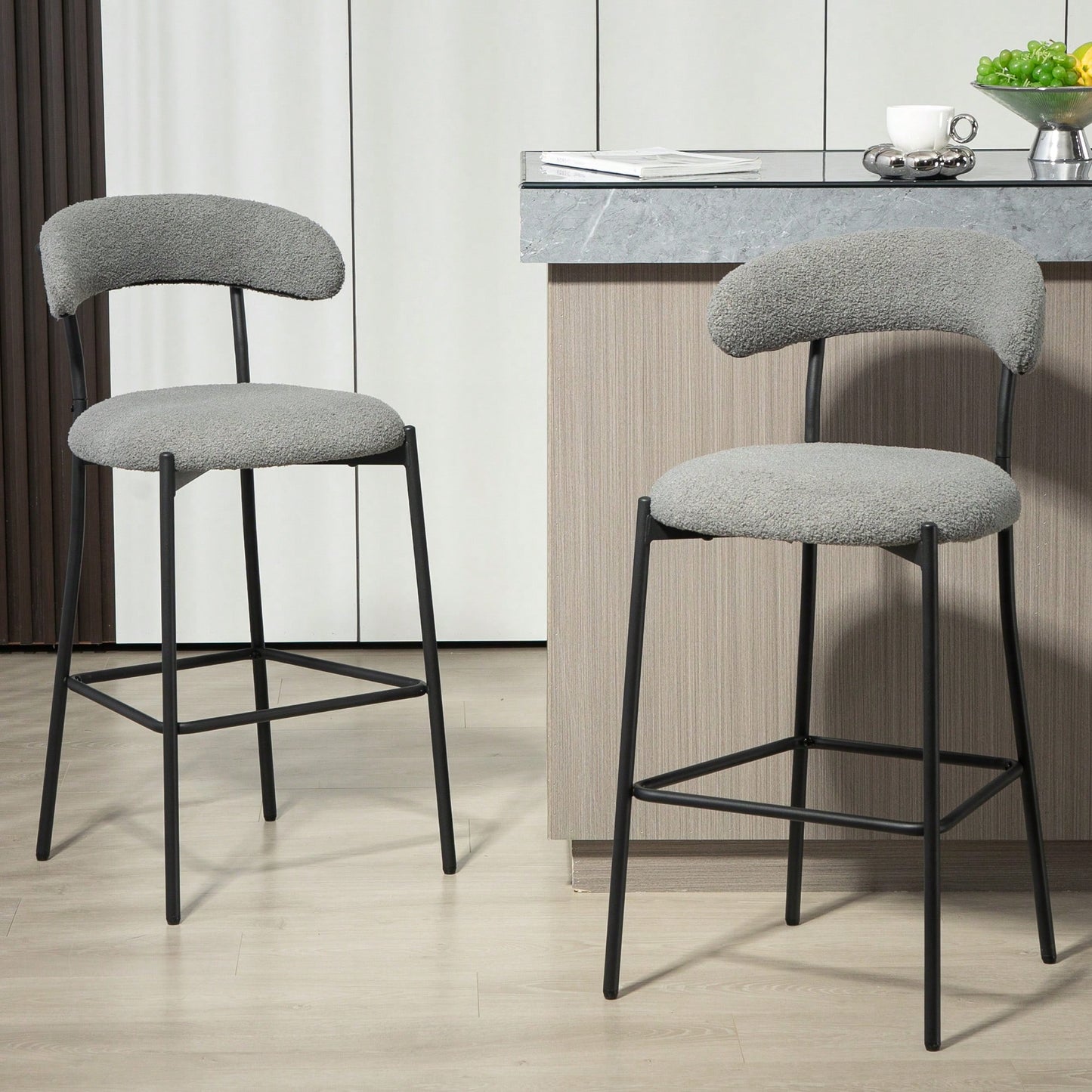 Counter Height Bar Stools With Teddy Fabric Cover And Black Powder Coated Base For Kitchen Island And Dining Room