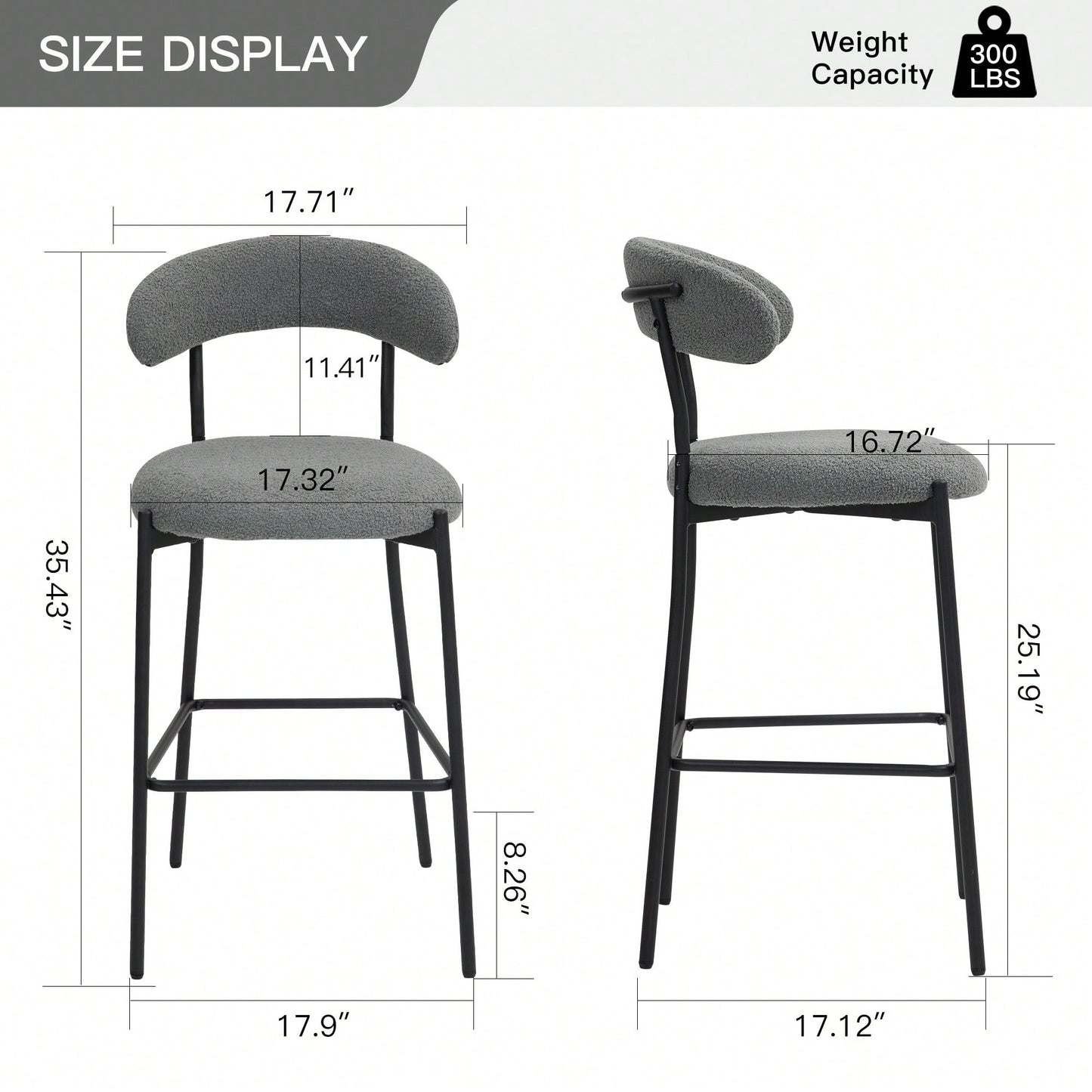 Counter Height Bar Stools With Teddy Fabric Cover And Black Powder Coated Base For Kitchen Island And Dining Room