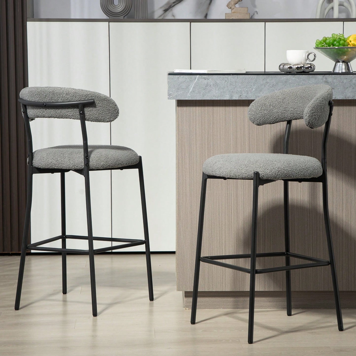Counter Height Bar Stools With Teddy Fabric Cover And Black Powder Coated Base For Kitchen Island And Dining Room
