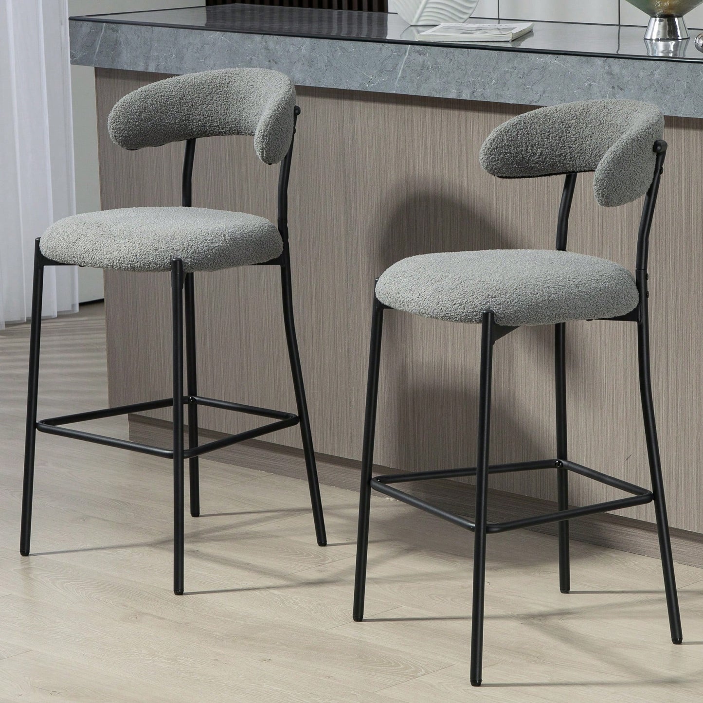 Counter Height Bar Stools With Teddy Fabric Cover And Black Powder Coated Base For Kitchen Island And Dining Room