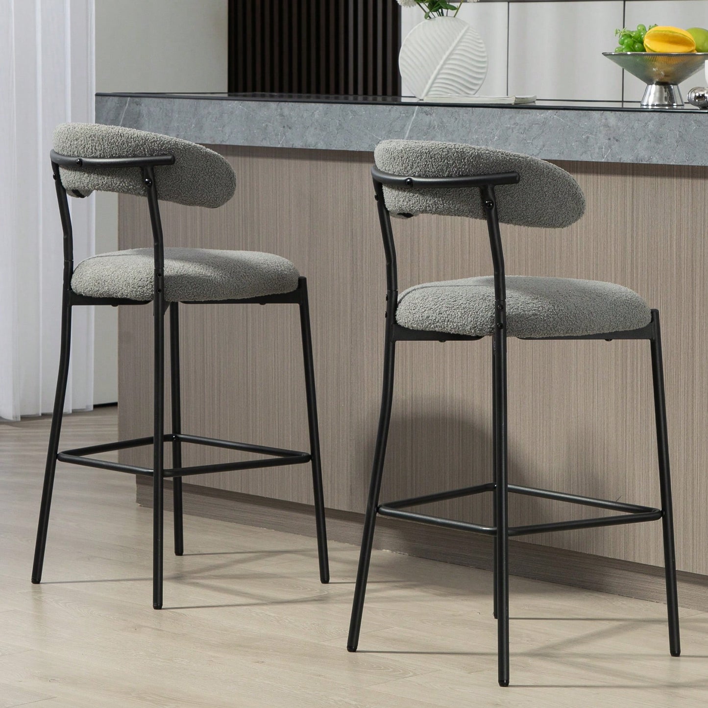 Counter Height Bar Stools With Teddy Fabric Cover And Black Powder Coated Base For Kitchen Island And Dining Room