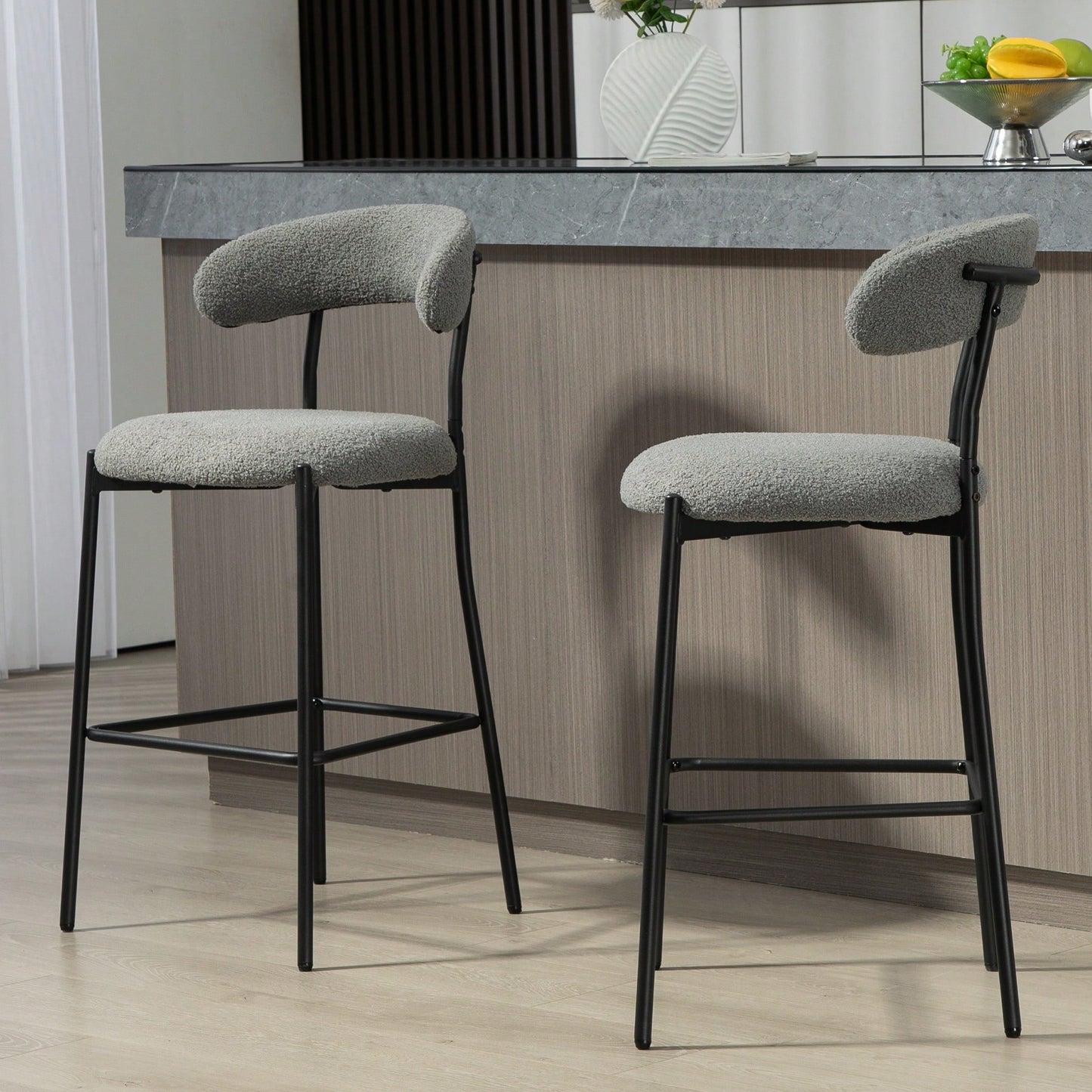 Counter Height Bar Stools With Teddy Fabric Cover And Black Powder Coated Base For Kitchen Island And Dining Room